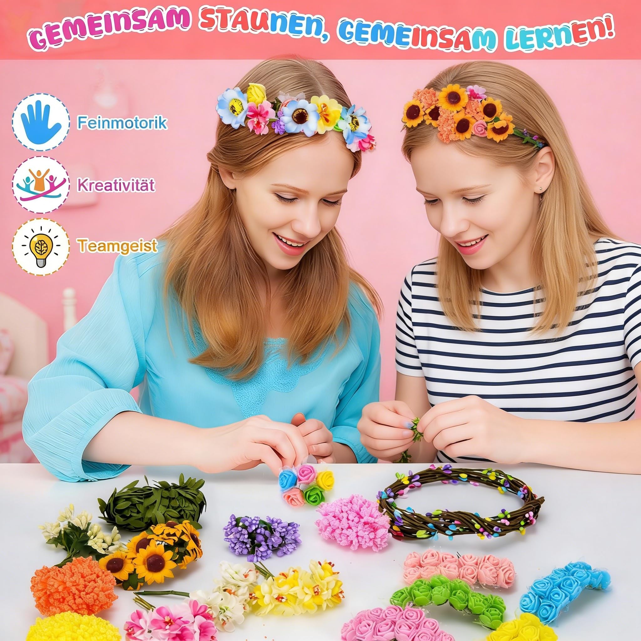 Meetory Couronne de fleurs à fabriquer - Couronne de fleurs pour cheveux décoration, Kit de bricolage DIY pour adultes, Kit de bricolage pour anniversaire femme coiffure, Fête de mariage/vacances