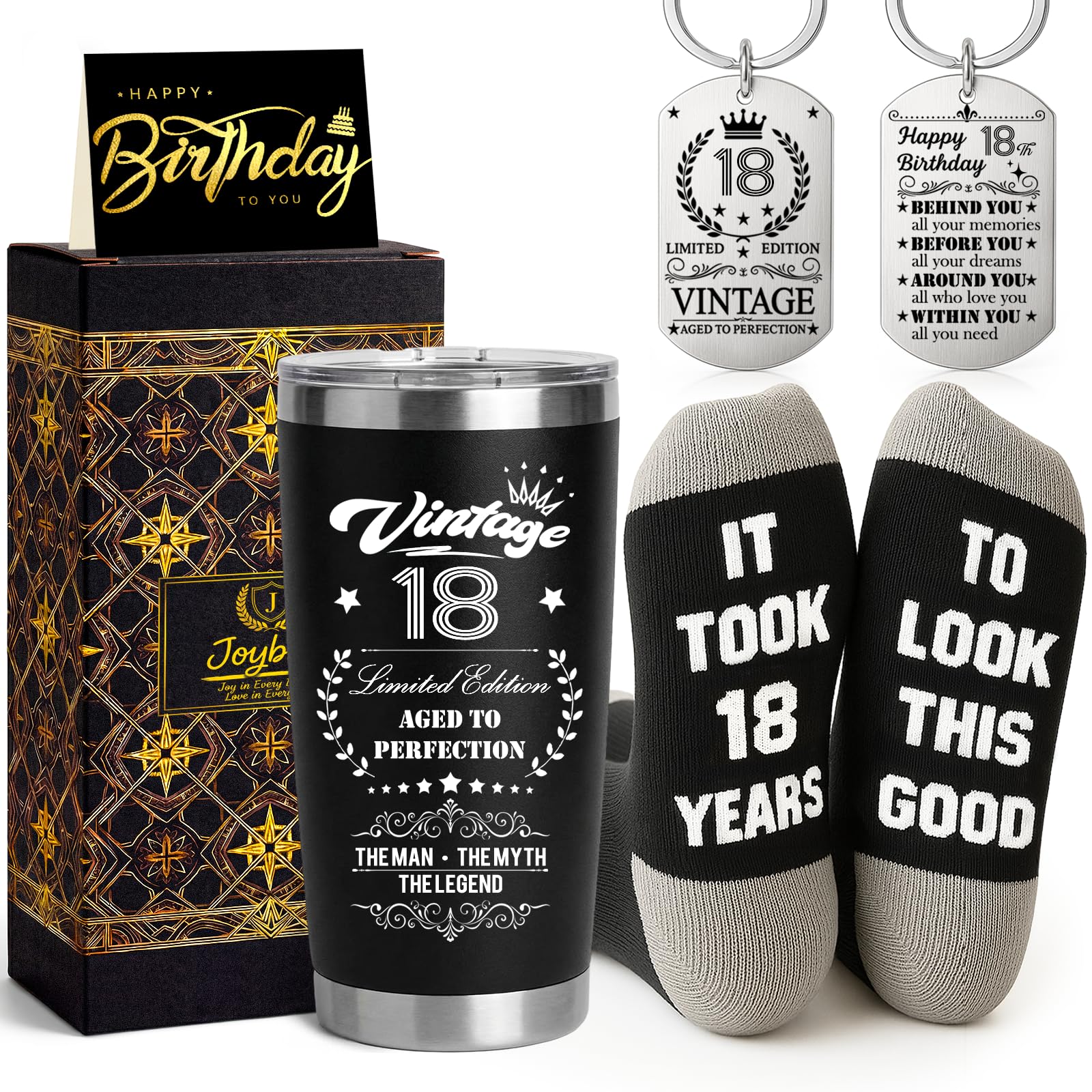 Joybble 18th Birthday Gifts for Boys, Unusual Gifts Ideas for 18 Year Old Boy, 18th Birthday Presents Decoration, 20oz Stainless Steel Travel Tumbler Gift Set for Son, Novelty Socks& Kerings for Him