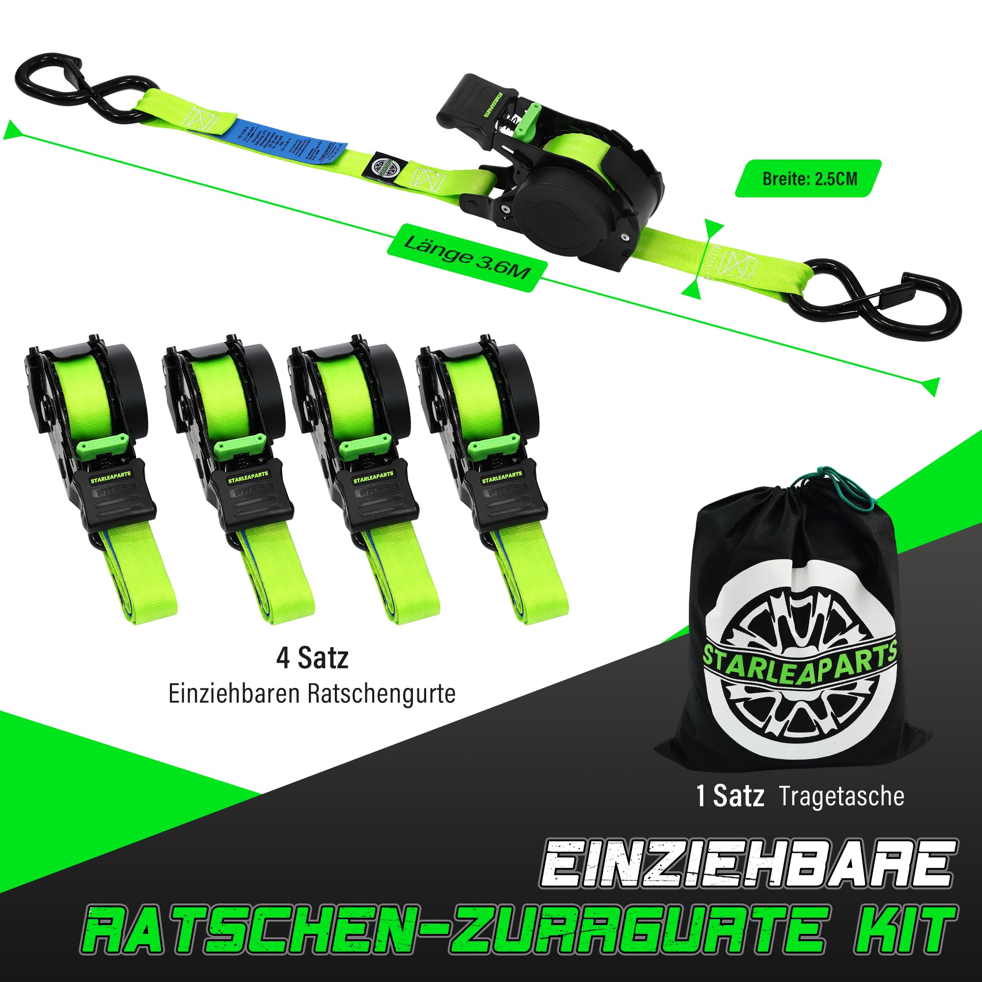 StarLeaparts 4 Stück Automatik Spanngurt mit S Haken, Automatischer Spanngurtaufroller 3,6 m x 25mm, 340KG/680KG, Einziehbare Spanngurte mit Ratsche für Motorrad, Kajak und LKW, Grün