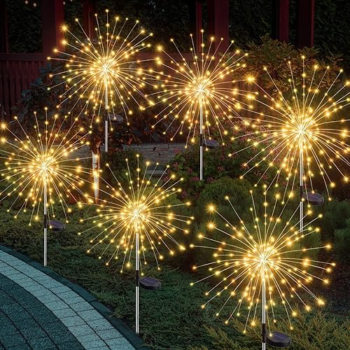 Miniatura 12 de btfarm Paquete de 2 120 luces LED solares de jardín al aire libre, 8 modos de luces de fuegos artificiales, luces de hadas impermeables parpadeantes