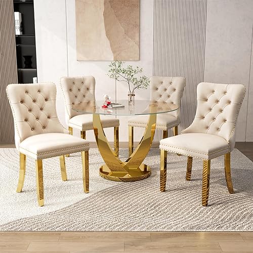 Miniatura 18 de Juego de mesa de comedor redonda de vidrio de 38.9 pulgadas para 4, mesa de comedor redonda con 4 sillas de cocina tapizadas de terciopelo, juego