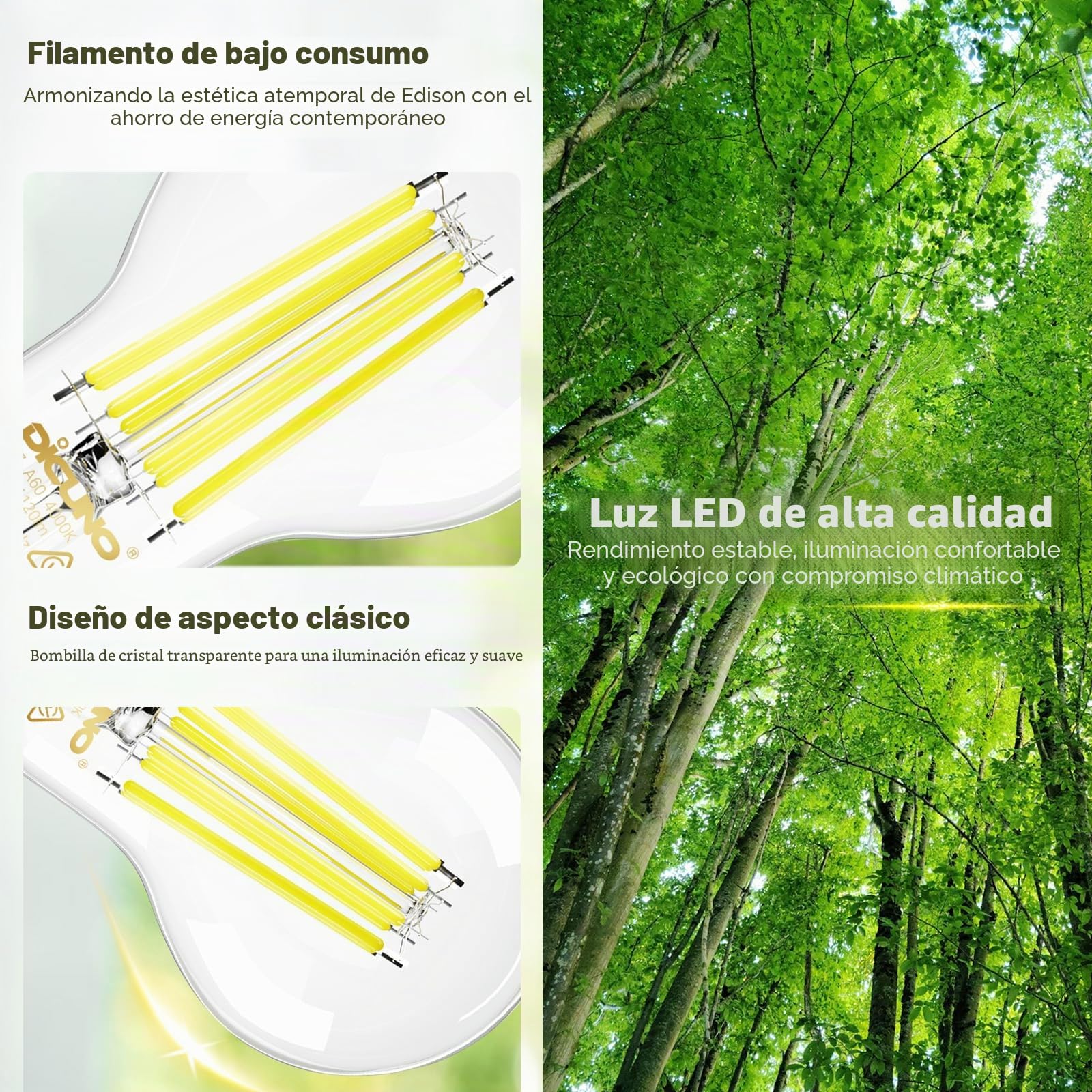 DiCUNO Bombilla LED E27 Ultra Eficiente Clase A, 5.3W=75W, 4000K, Pack de 6 | Blanco neutro, 1120lm, Vidrio, Bajo consumo, Bombilla E27 A60 de filamento Edison para colgantes, lámparas de mesa y apliques