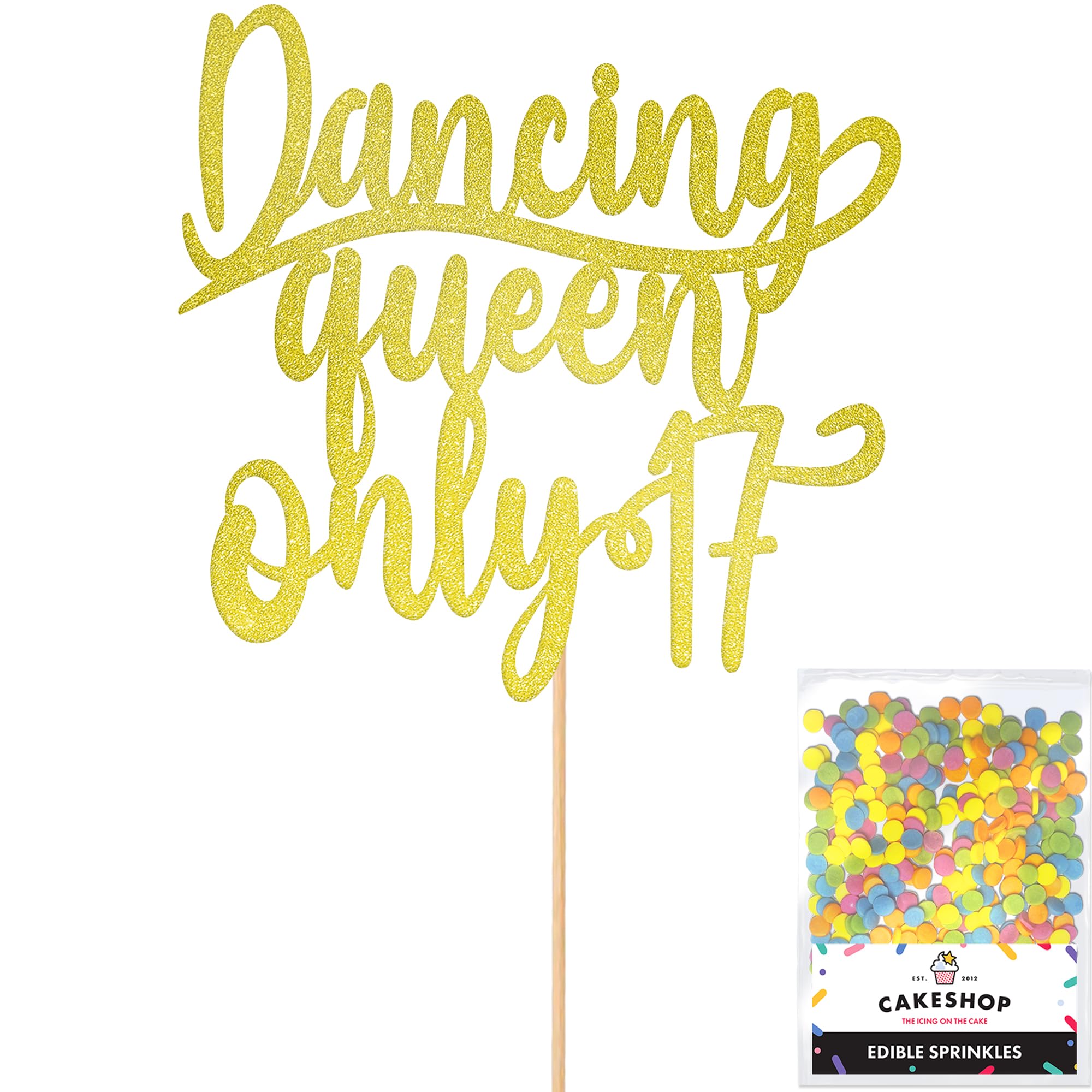 Cakeshop Personalised Dancing Queen Birthday Glitter Cake Topper - Champagne - Any Name & Age - Glitter Cake Decoration and Sprinkles - Happy Birthday Decorations - Custom Toppers for Cakes
