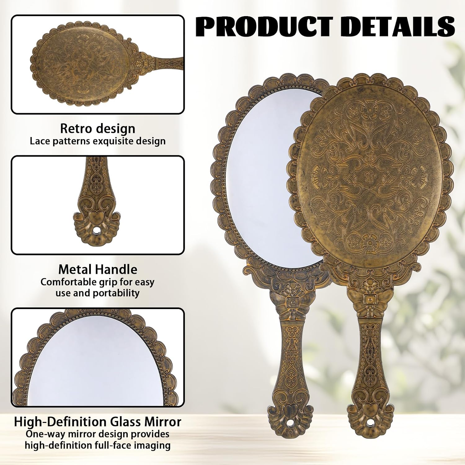 lMengjbang 2 Pcs Vintage Handheld Mirrors, Elegant Hand Mirrors with Handle | Vintage Princess Mirror Plastic Handheld Travel Mirror Vanity Handhelds Makeup Mirrors for Women