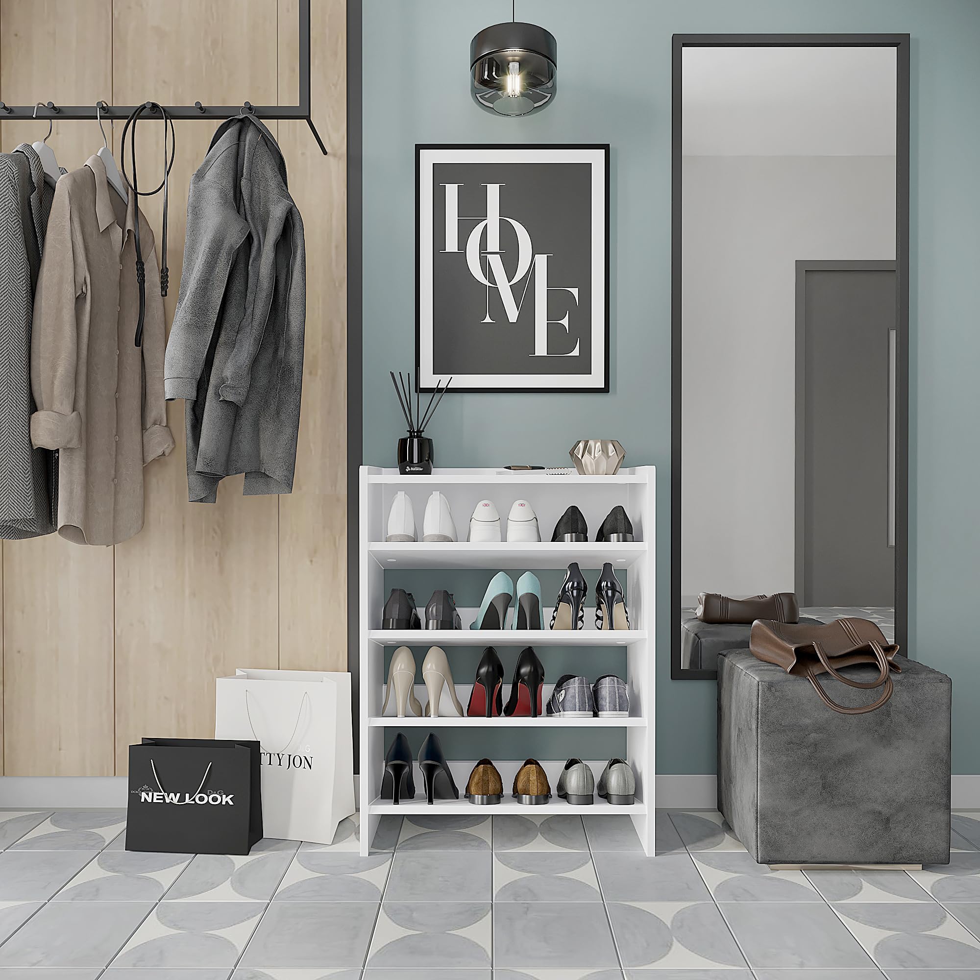 KOMTO Regał na Buty Wąski 60 cm – Otwarty Szafka na Buty do Przedpokoju z 4 Poziomami, Półka na Obuwie Oszczędzająca Miejsce | Elexis Biały 60 x 25 x 80 cm