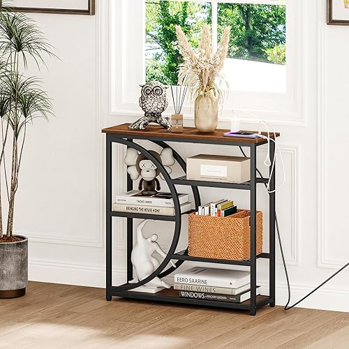 Miniatura 4 de Snughome Mesa de entrada, mesa consola con estación de carga, mesa de sofá industrial estrecha con estantes de almacenamiento de 5 niveles, mesa de