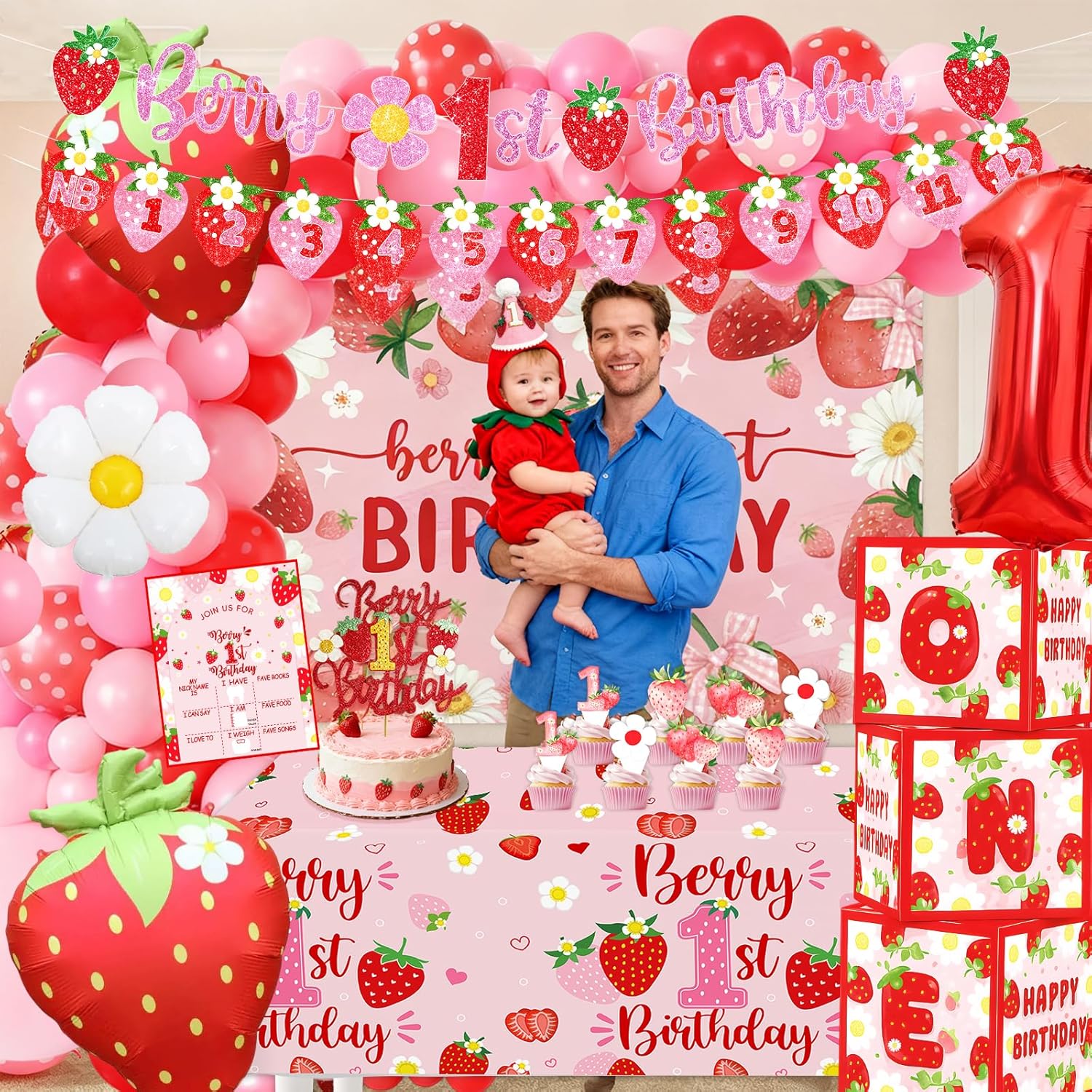 strawberry 1st Birthday Party Decoration Set – Berry 1st Birthday Glitter Banner,Box, Poster, 12 Month Photo Banner, Crown, Cake Toppers, Tablecloth, Backdrop & Strawberry Foil Balloons Complete Kit