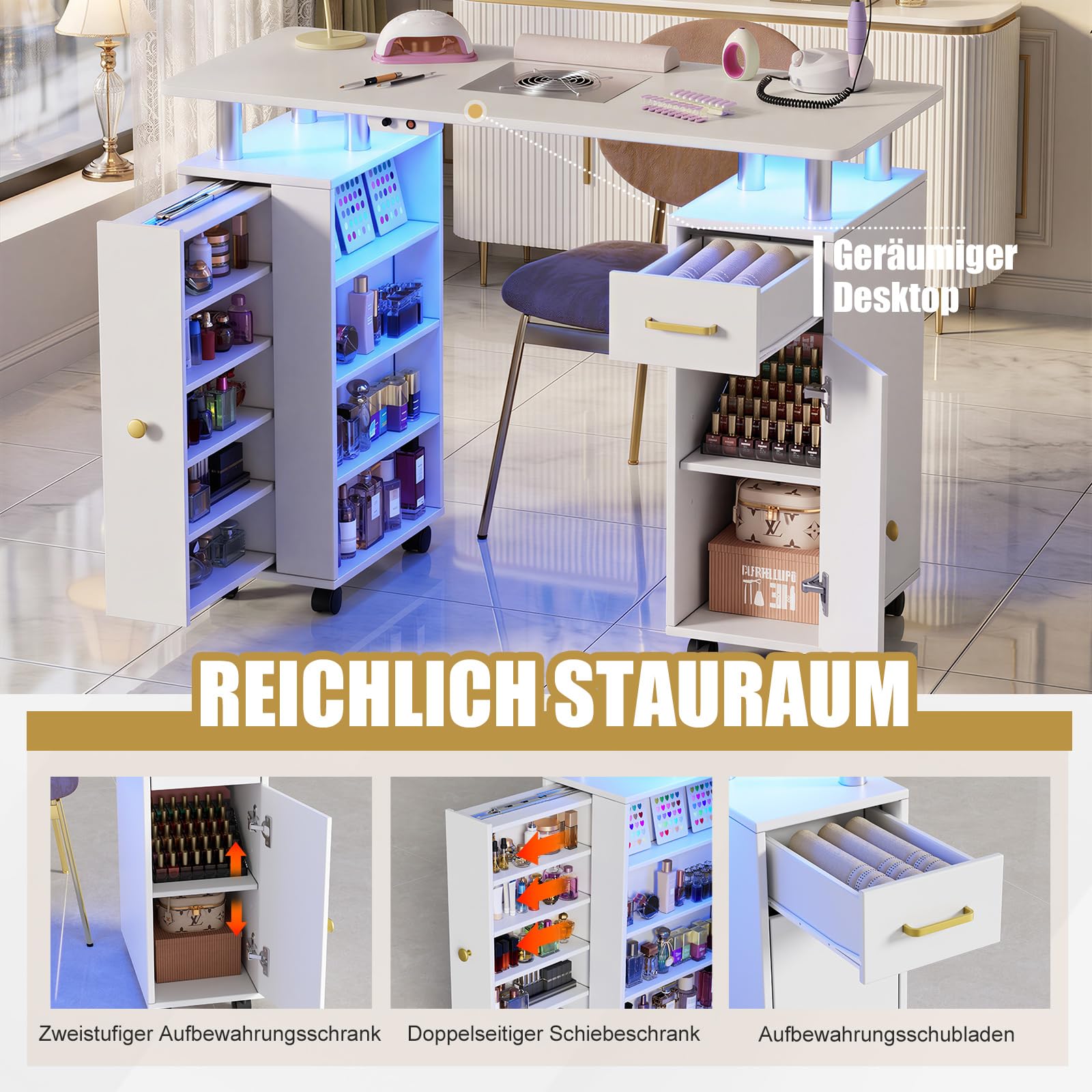Mesa de uñas con extracción de polvo, mesa de manicura profesional para diseño de uñas, mesa estable con luces LED, 1 armario vertical y estante abierto, 2 bolsas de aspiradora