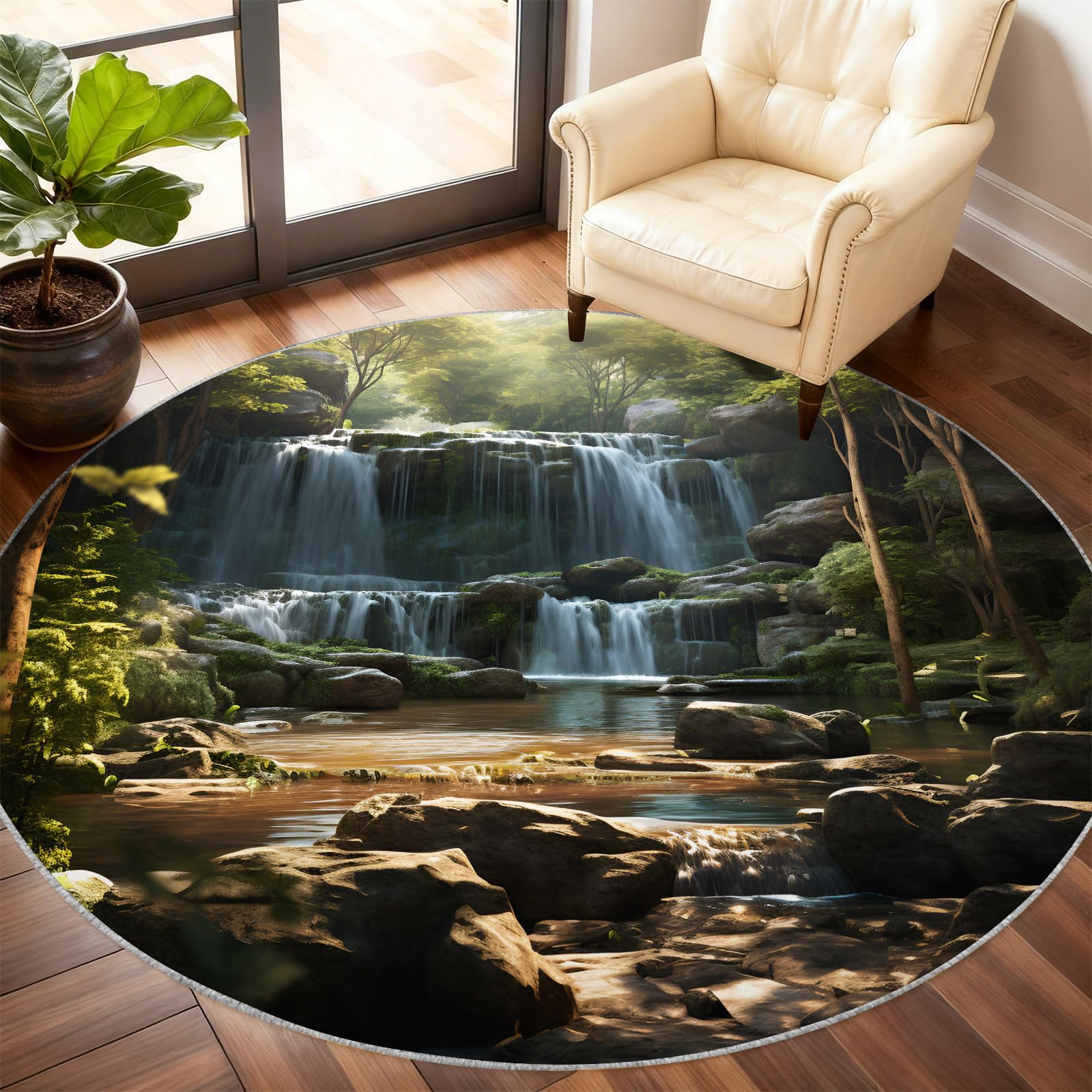 Tapis forêt cascade rond antidérapant tapis salon lavable doux
