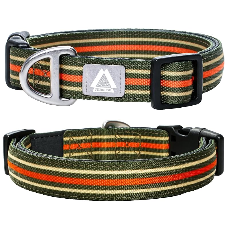 Coleira para Cães Grandes JC HOUSE com Neoprene Macio e Logo Refletivo 3M, Green Stripe, Tamanho Grande (41–64 cm)