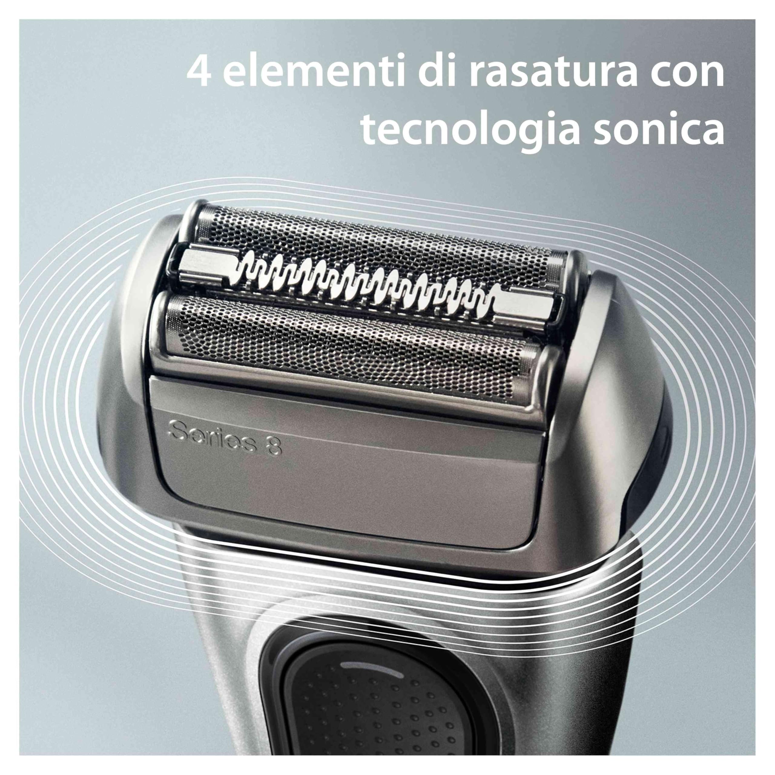 Braun Series 8, Rasoio Elettrico Barba Rifinitore di precisione, Custodia da Viaggio in tessuto, Batteria Litio Ion, 100% Impermeabile Idea Regalo, 8517s Argento
