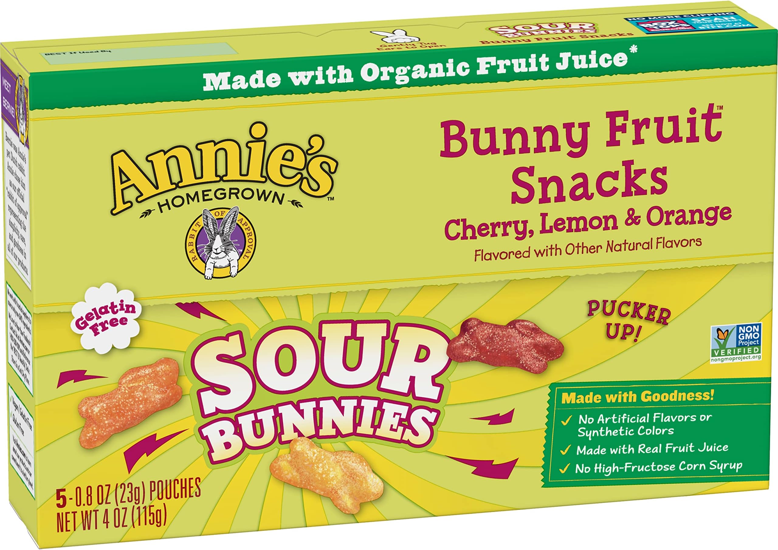Annie's Homegrown Organic Sour Bunnies Fruit Snacks, Cherry, Lemon and Orange, 5 ct