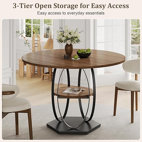 Miniatura 4 de Mesa de comedor redonda de 42 pulgadas para 4 personas, mesa de madera moderna con base de pedestal de metal resistente, fácil montaje, mesa de