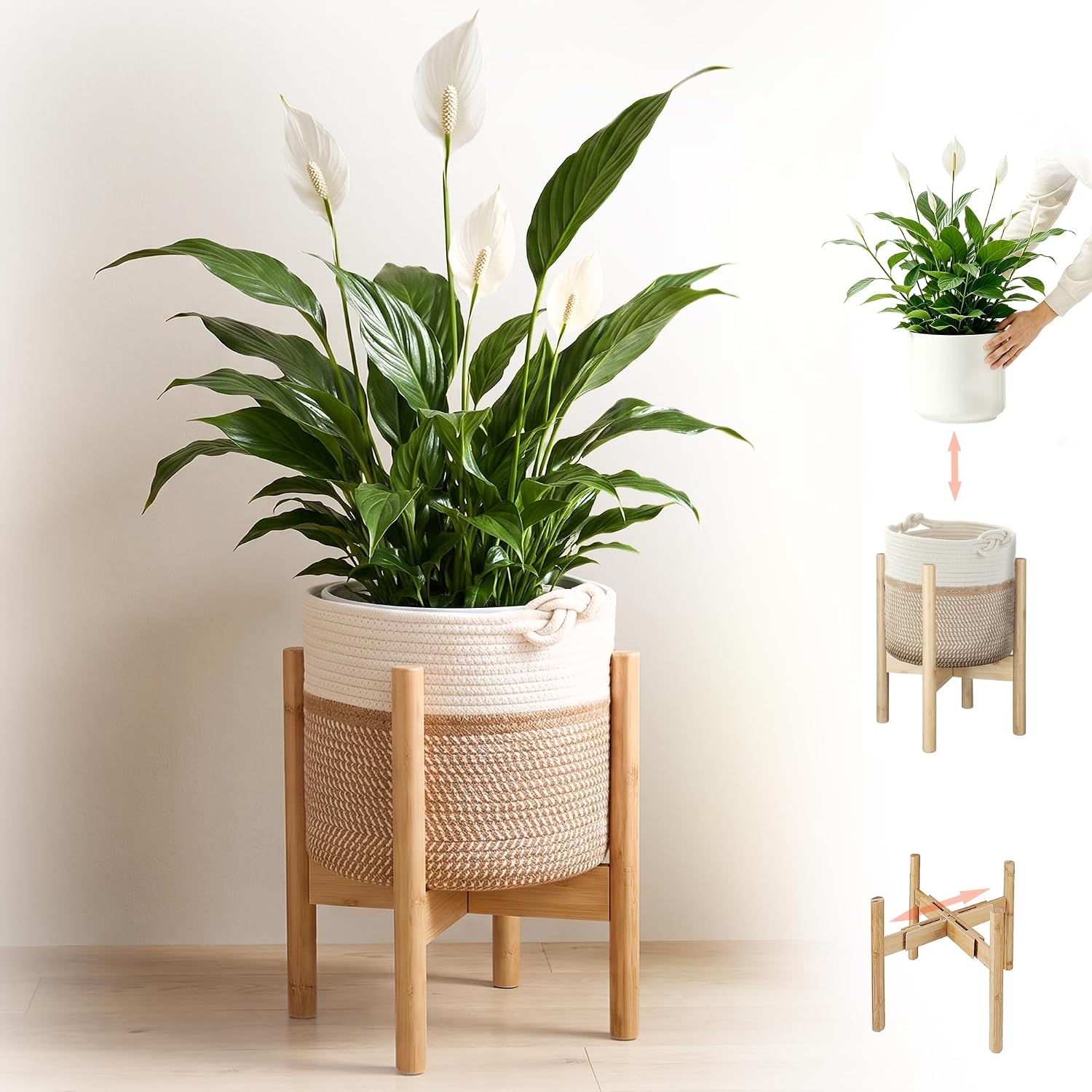Flower Pot Rattan Plant Stand Planter with Stand, Tall Indoor Boho Woven Wicker Storage Basket with Adjustable Wood Shelf (White & Brown)