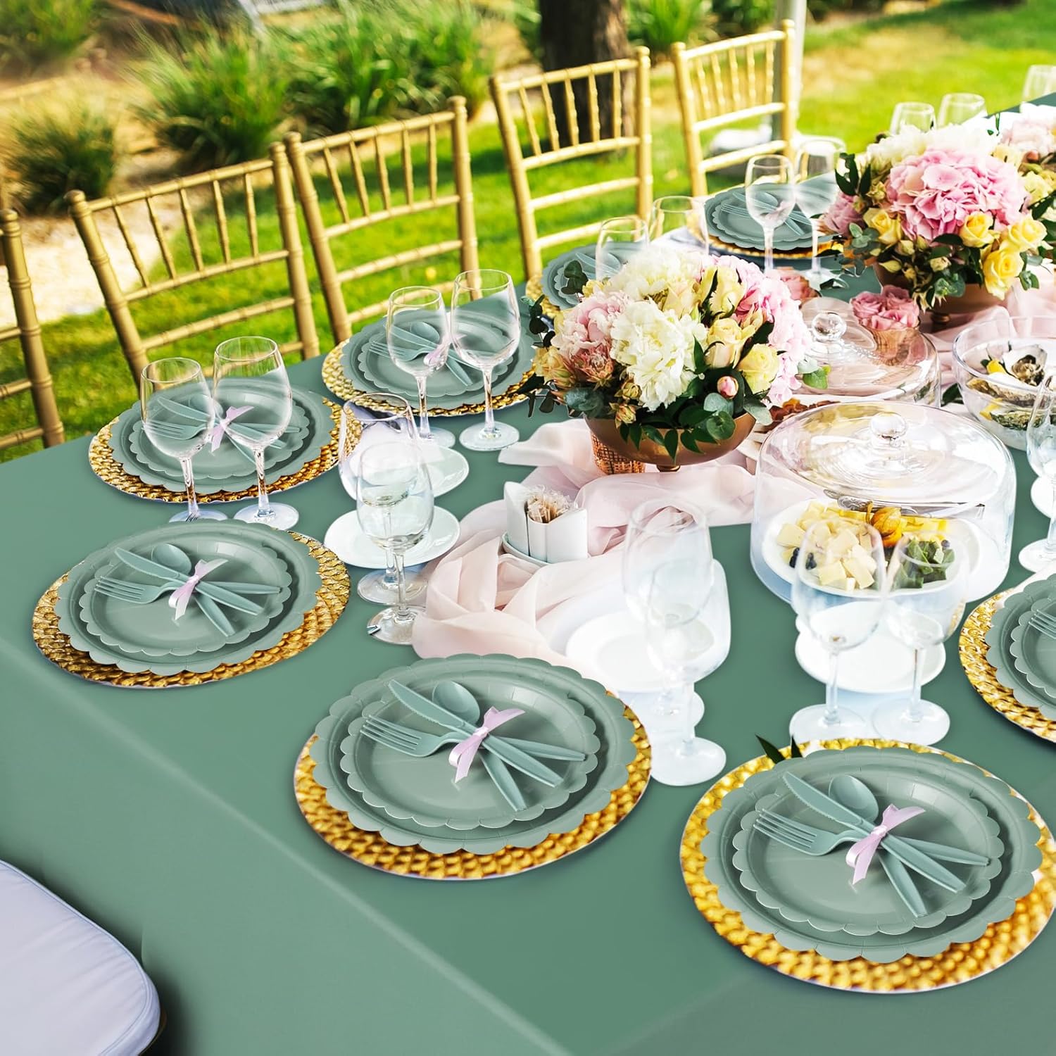 352 Pcs Sage Green Party Supplies Serve 50 Guests Sage Green Disposable Party Tableware Paper Scalloped Plates Cup Napkin Plastic Cutlery Tablecloth for Birthday Wedding Bridal Baby Shower