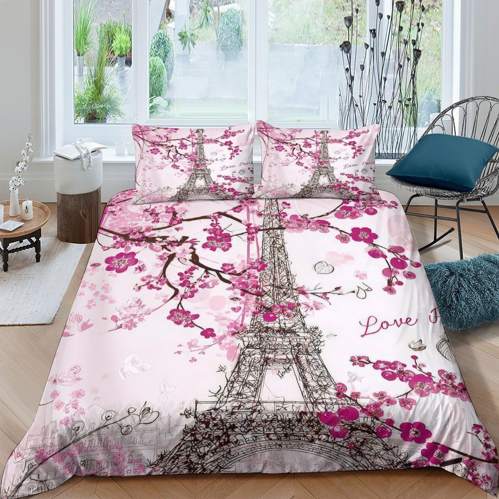 Ctjqhvkz Style-9 3D Printed Eiffel Tower Sakura Fitted Sheet Microfiber Soft Pink Floral Bed Cover For Bedroom Decor Protection Single（135X200cm）