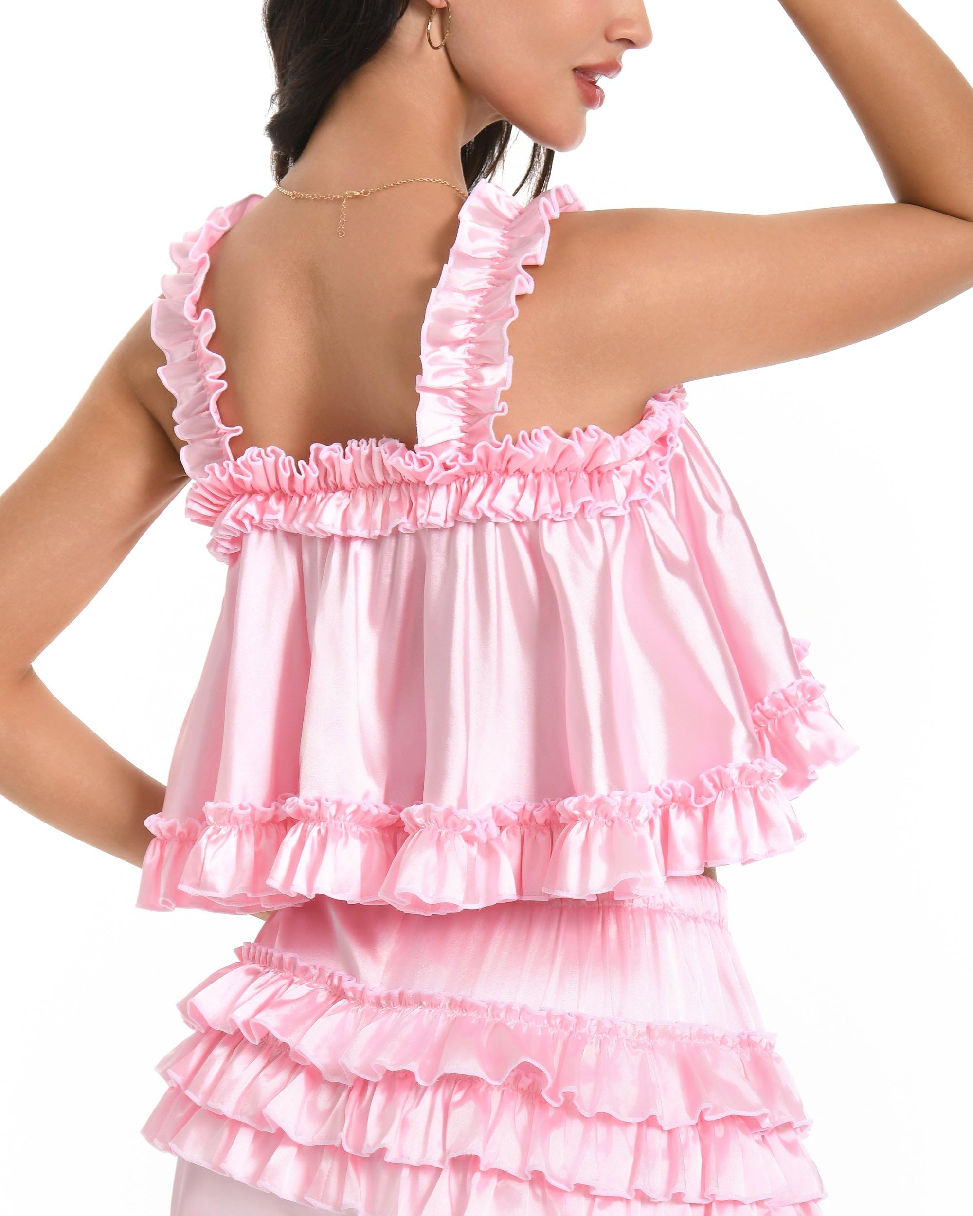 Satini Caraco Sissy Satin Bords à Volants Nœud