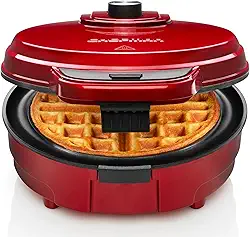 Chefman Máquina de waffles belga antitransbordamento com seletor de sombra, controle de temperatura, fosso, ferro redondo com placas antiaderentes e alça de toque frio, copo de medição incluído, vermelho