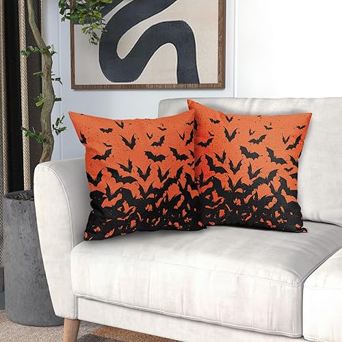 Miniatura 6 de Kawani Juego de 2 fundas de almohada de murciélagos de 20 x 20 pulgadas, fundas de almohada cuadradas decorativas de murciélago negro y naranja,