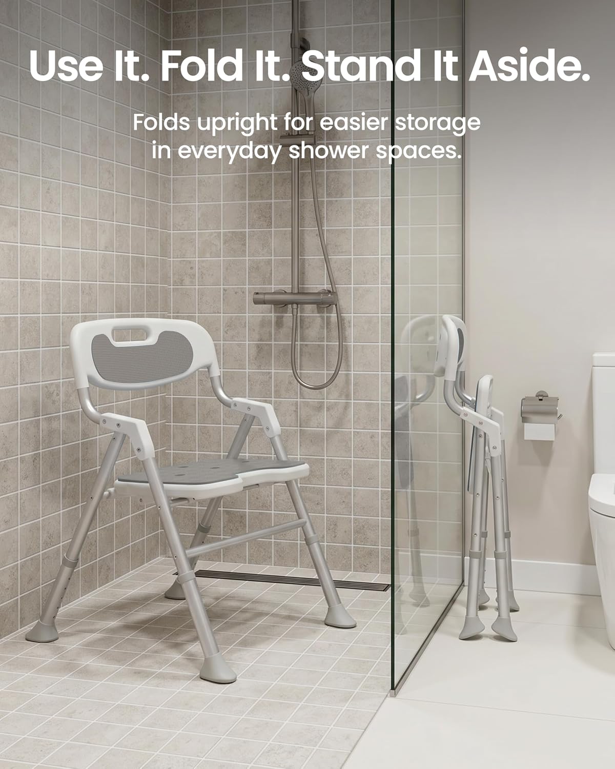 Folding Shower Chair for Inside Shower with Arms and Back, 400 LBS Foldable Bath Seat for Elderly Seniors & Disabled, Heavy Duty Portable Shower Stool with U-Shape Cutout & 6-Level Height (Gray)