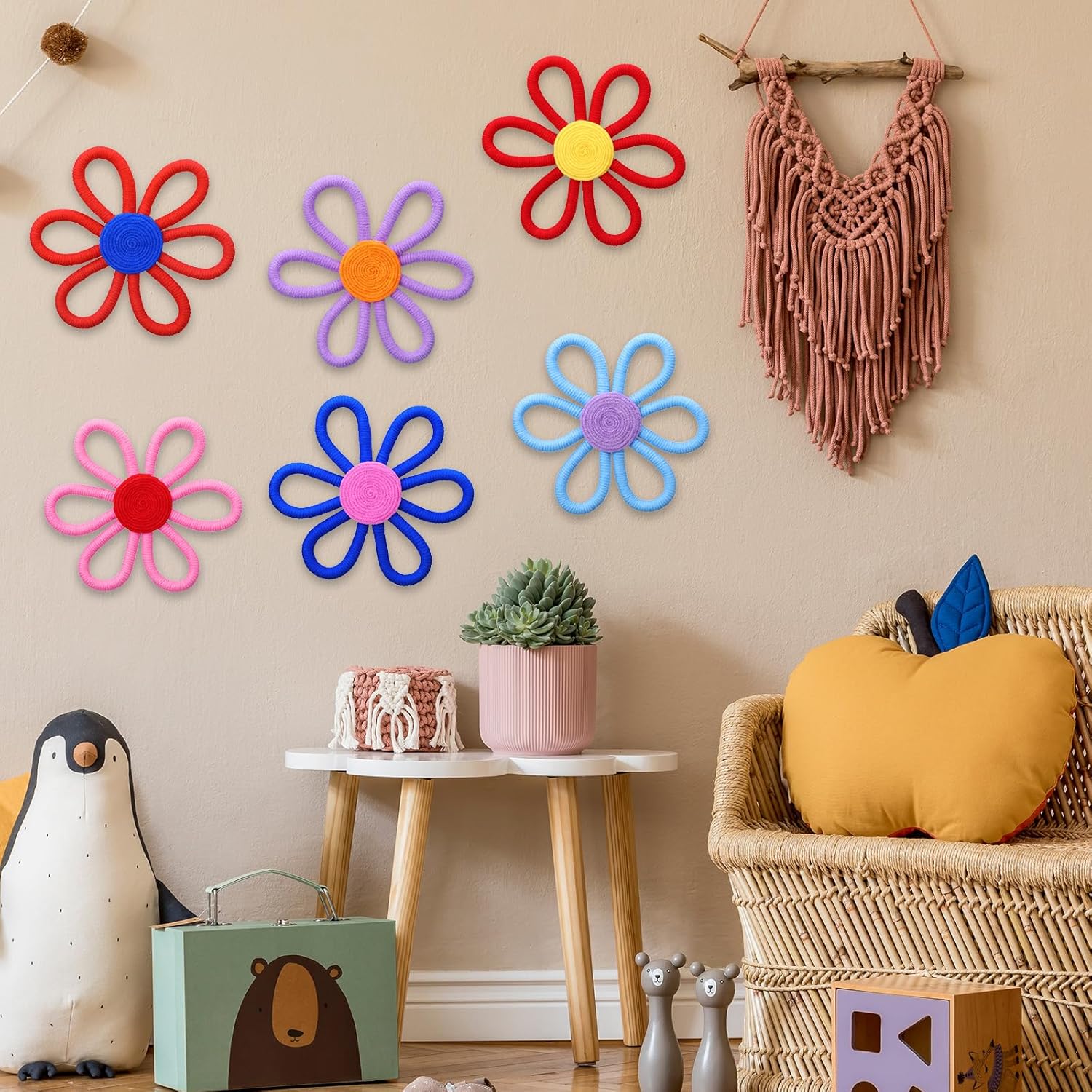 Ripeng 6 Pcs Boho Nursery Decor Flower Daisy Wall Art 6 Inch Woven Macrame Wall Hanging Bohemian Flower Decor Daisy Nursery for Baby Girls Kids Home Bedroom (Vibrant Color)