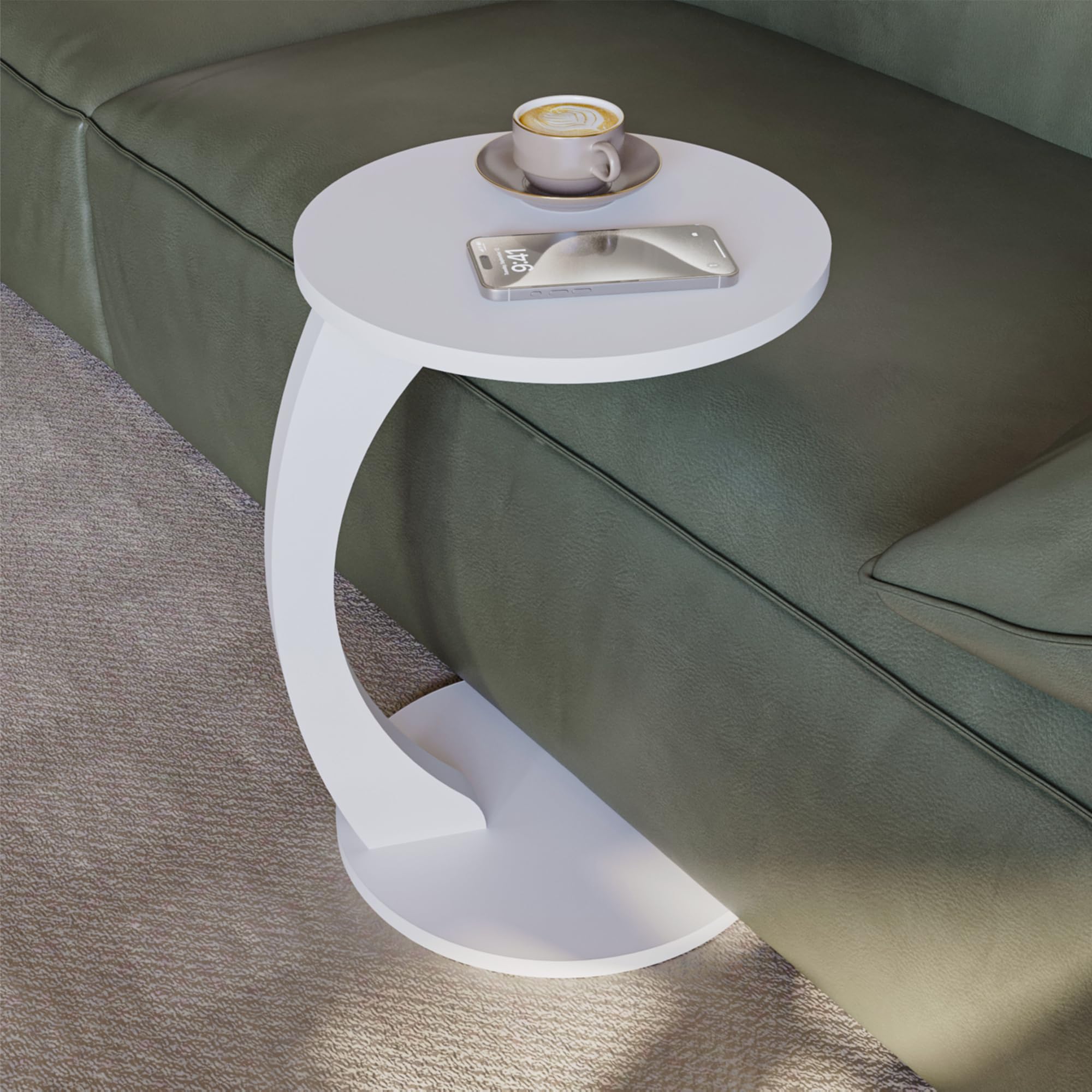 Sugodesign Tavolino rotondo da salotto, con ruote, a forma di C, elegante, ideale come piano d’appoggio per divano e poltrona, bianco