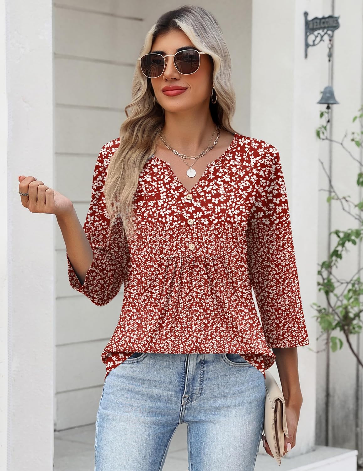 Zeagoo Womens 3/4 Length Sleeve Tops V Neck Dressy Casual T Shirts Pleated Business Work Blouses Basic Tees S-3XL - Image 3