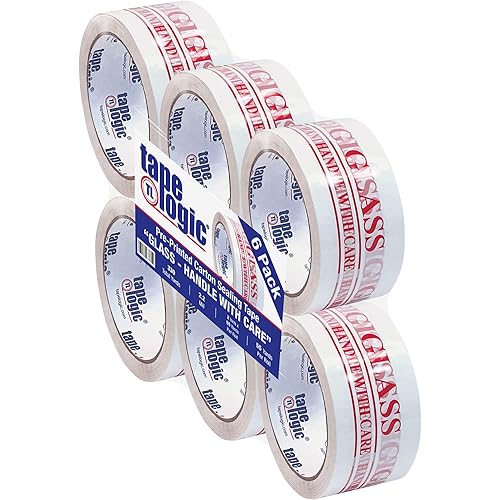 Tape Logic Cinta de sellado de cartón preimpresa Glass - Handle with Care 22 mil 2 pulgadas x 55 yardas rojoblanco 6estuche