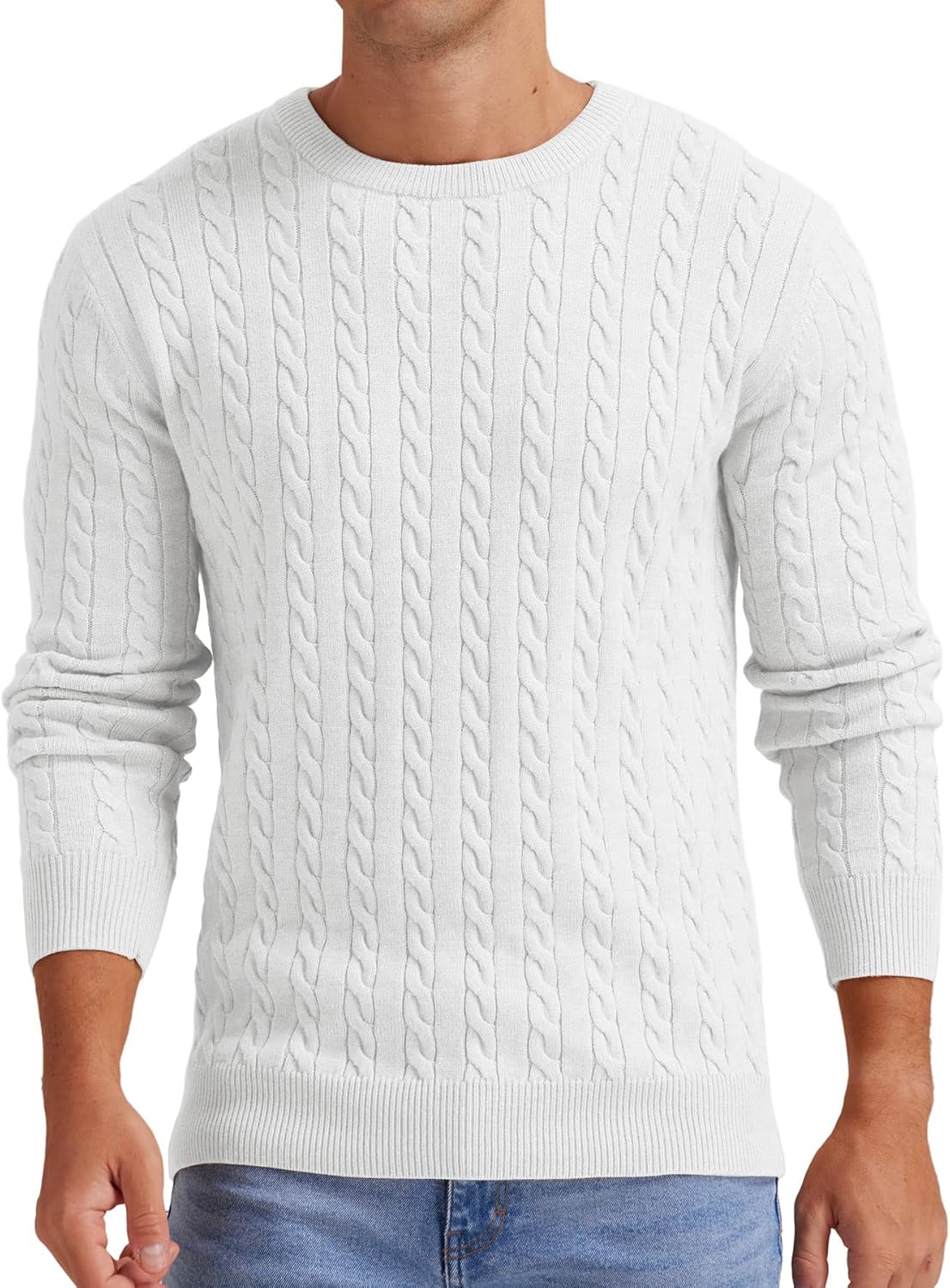 Askdeer Men's Crewneck Sweater Classic Cable Sweaters Soft Casual Knitted Pullover Sweaters White - Image 2
