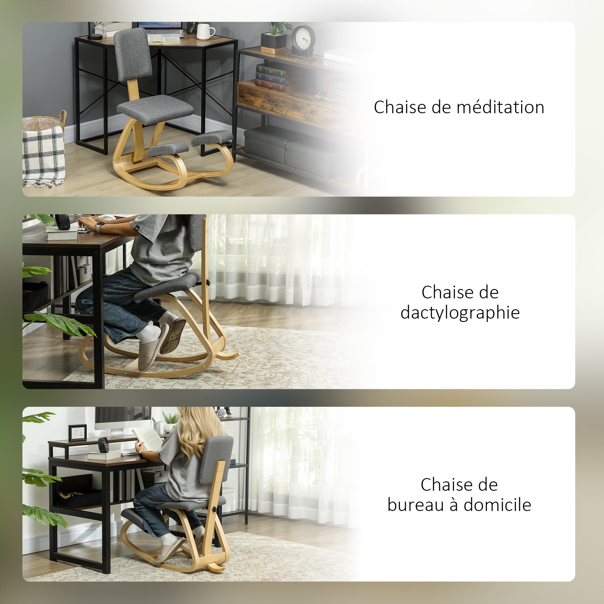 HOMCOM - Silla ergonómica para rodillas, con respaldo, asiento de rodillas, taburete ergonómico de madera, taburete ortopédico, corrector de postura, aliviar el dolor de espalda, gris