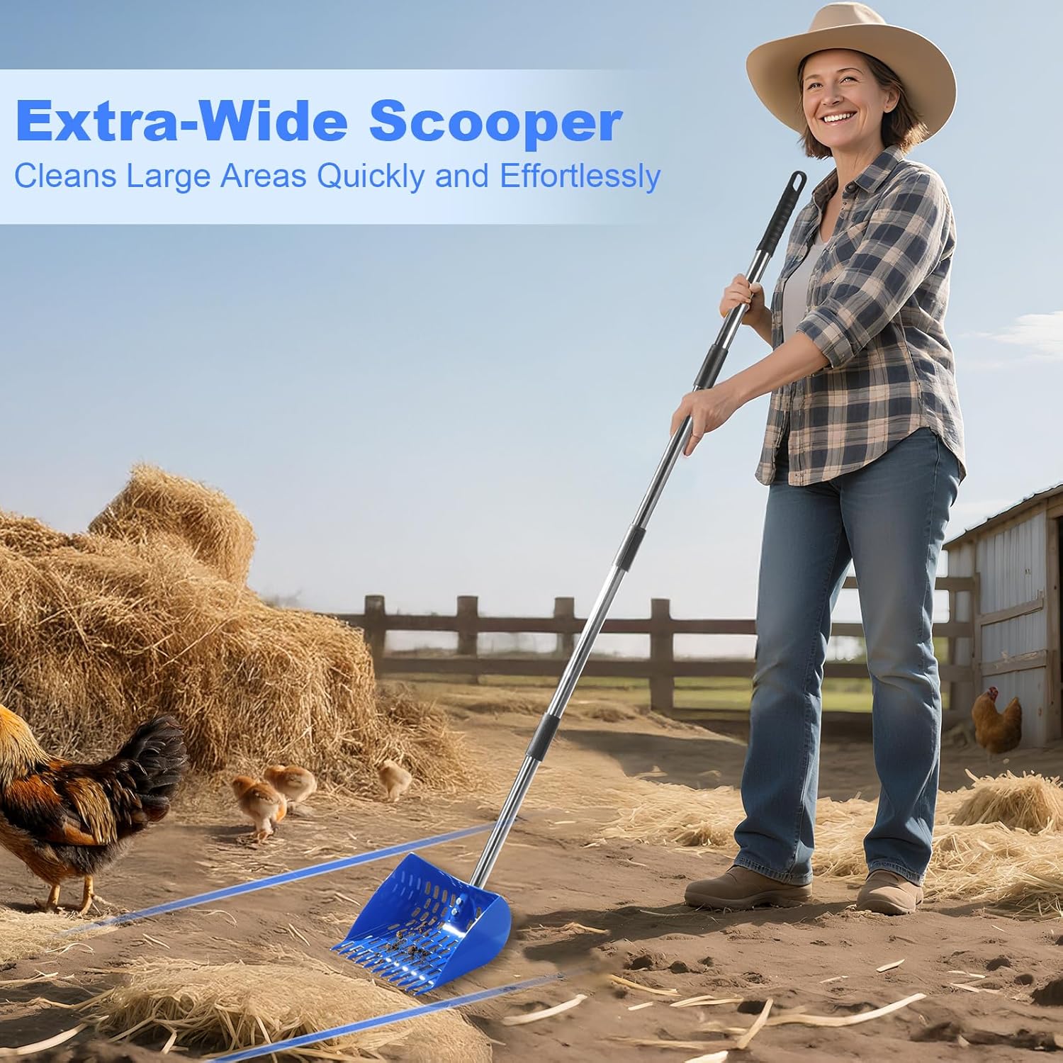 2025 Design 2 in 1 Chicken Poop Scooper – Adjustable 26“ to 68” Stainless Steel Handle, Heavy-Duty Waste Scoop with Built-in Rake Durable Design for Backyard Chicken Coops