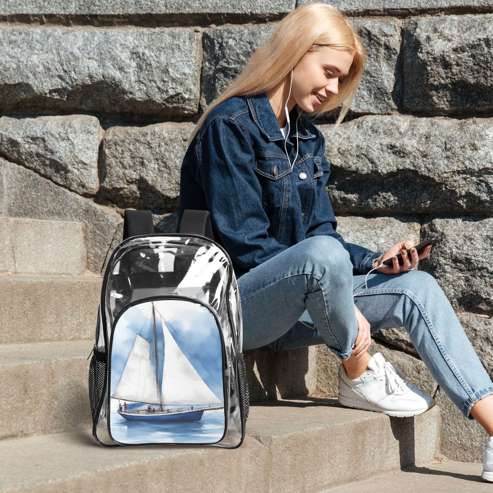 Blue Sailboat 1 Zaino Stampato Set 3 in 1 Trasparente Borsa Set Per Scuola Lavoro Stadio Eventi E Trasporto quotidiano