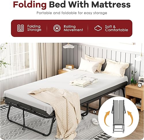 Miniatura 5 de Bonusall Cama plegable con colchón, cama plegable de 75 x 38 pulgadas con colchón para adultos, camas plegables de metal resistente que ahorran