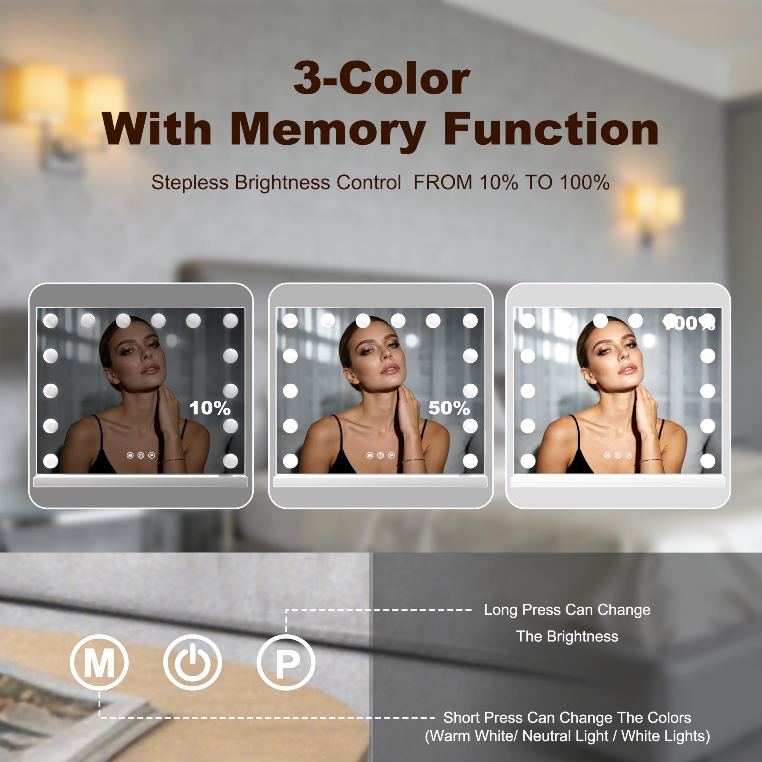 SURFOU Specchio Trucco con Luci Hollywood 50x42cm, Specchiera Make Up con 14 Lampadine LED Dimmerabili, 3 Colori Luce, Porta USB e Bluetooth, Specchio Ingranditore 10X, Da Tavolo o Parete, Bianco