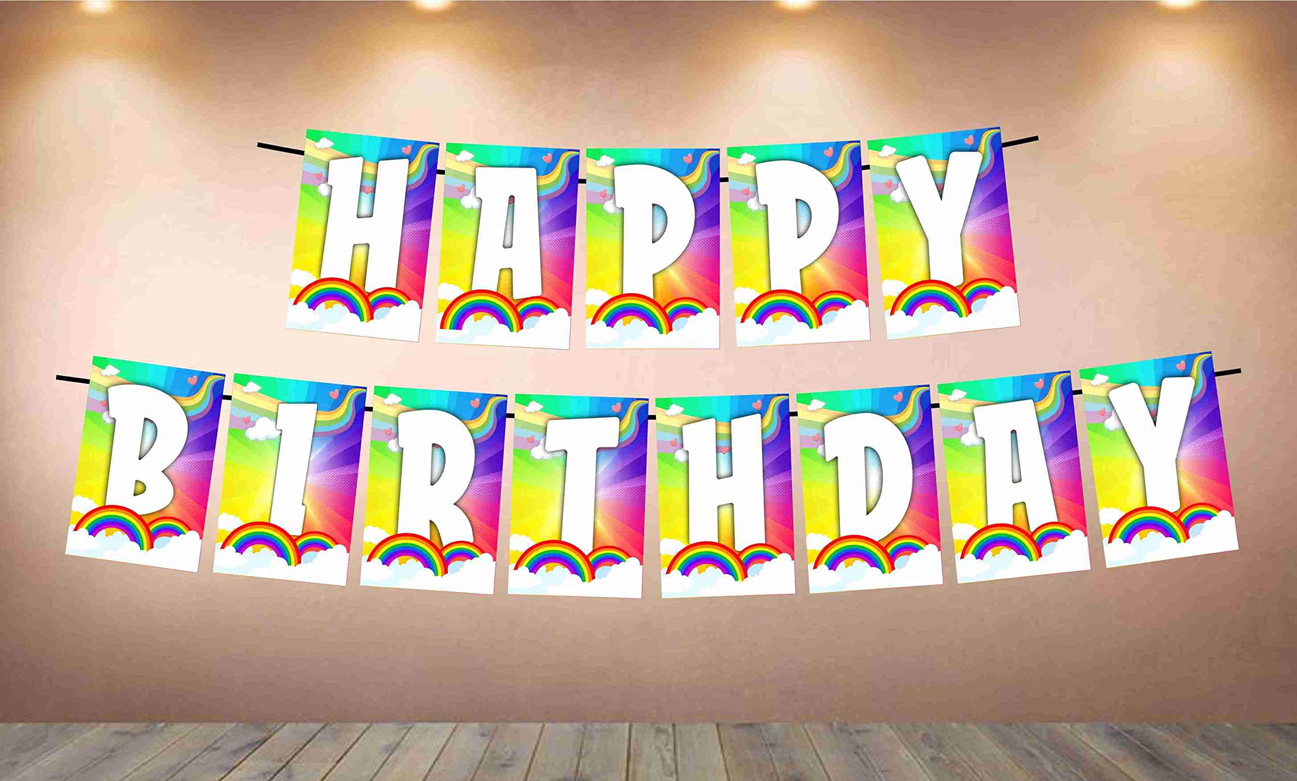 Partyzon Rainbow Theme Happy Birthday Kids Banner for Birthday Decoration Backdrop and Theme Party with Ribbon