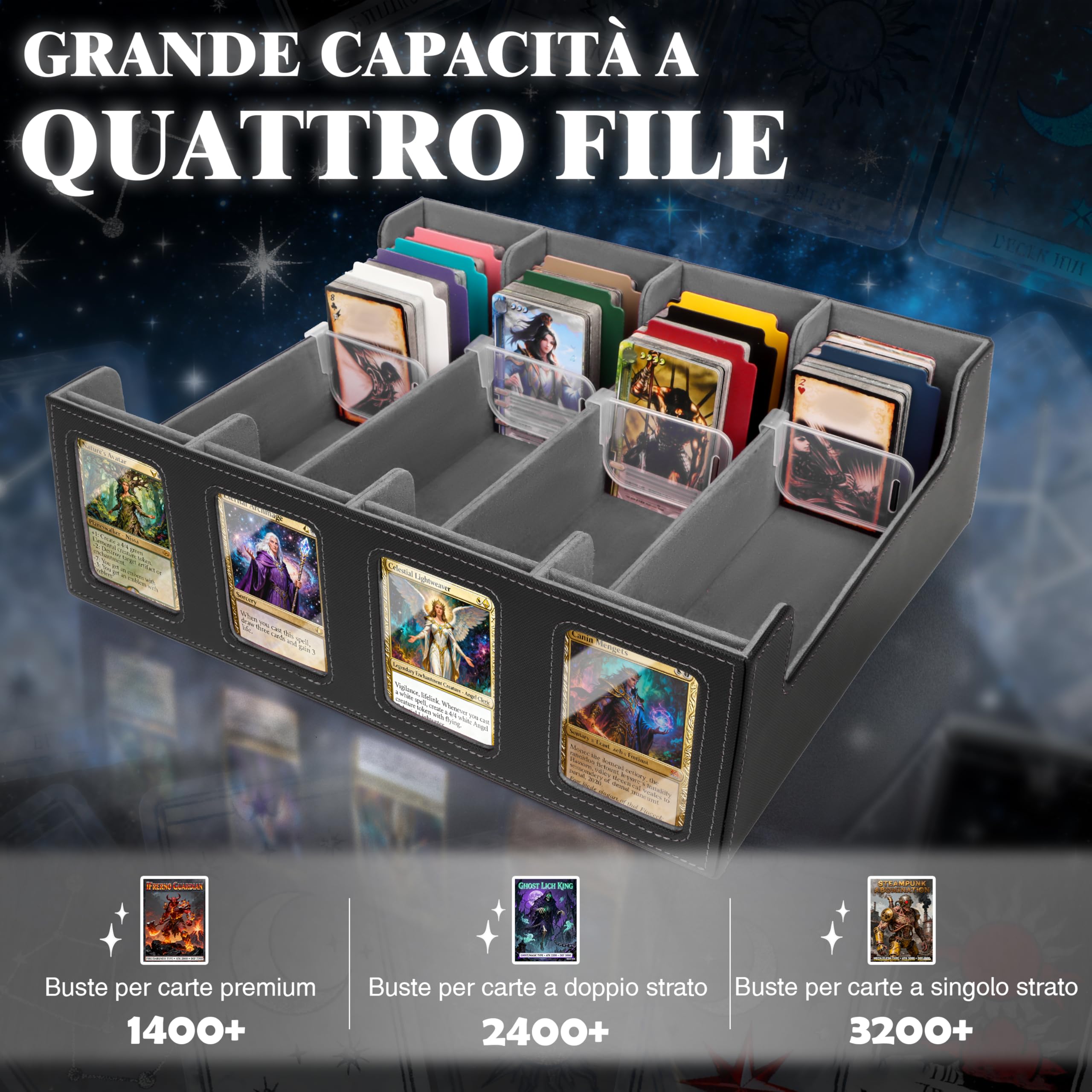 Charmofun Deck Box per Carte, Magnetic Scatola di Carte da Collezione per Oltre 2800+, Porta Deck con Pelle PU e Chiusura Magnetica, 10 Divisori per Carte, 4 Clip Divisorie (Grigio, 2400+)