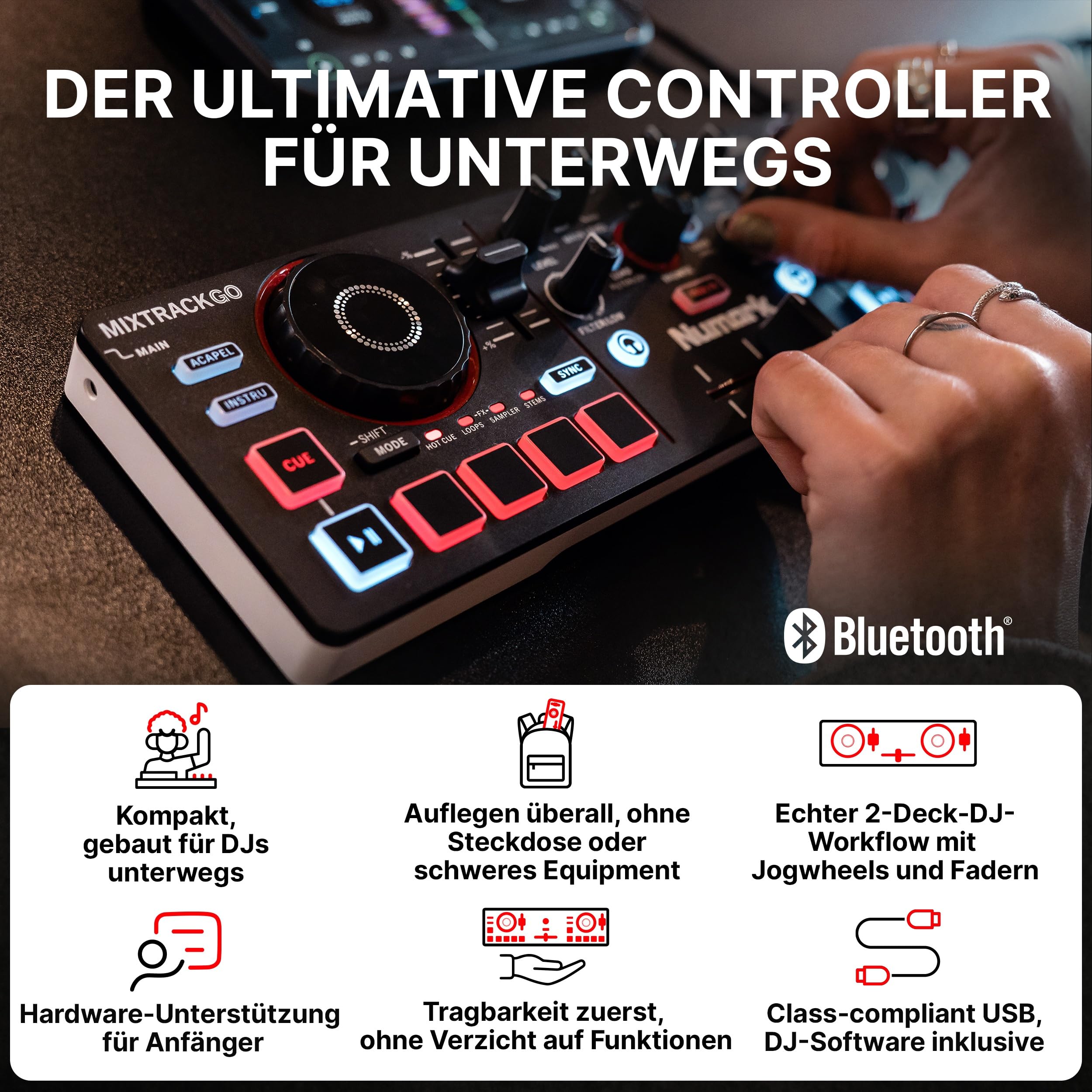 Numark Mixtrack Go Kompakter Bluetooth-DJ-Controller mit Stems-Control | 2-Deck-DJ-Mixer, für Anfänger & mobile DJs, Smart Fader, USB-C, Serato DJ Lite & Algoriddim djay, Gen 4