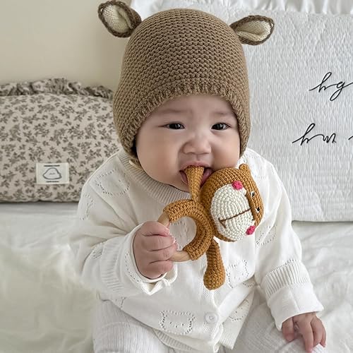 Miniatura 2 de DICHA Sonajero de madera para bebé, sonajero de ganchillo para bebé, juego de juguetes de madera para desarrollo sensorial, incluye oso de dentición