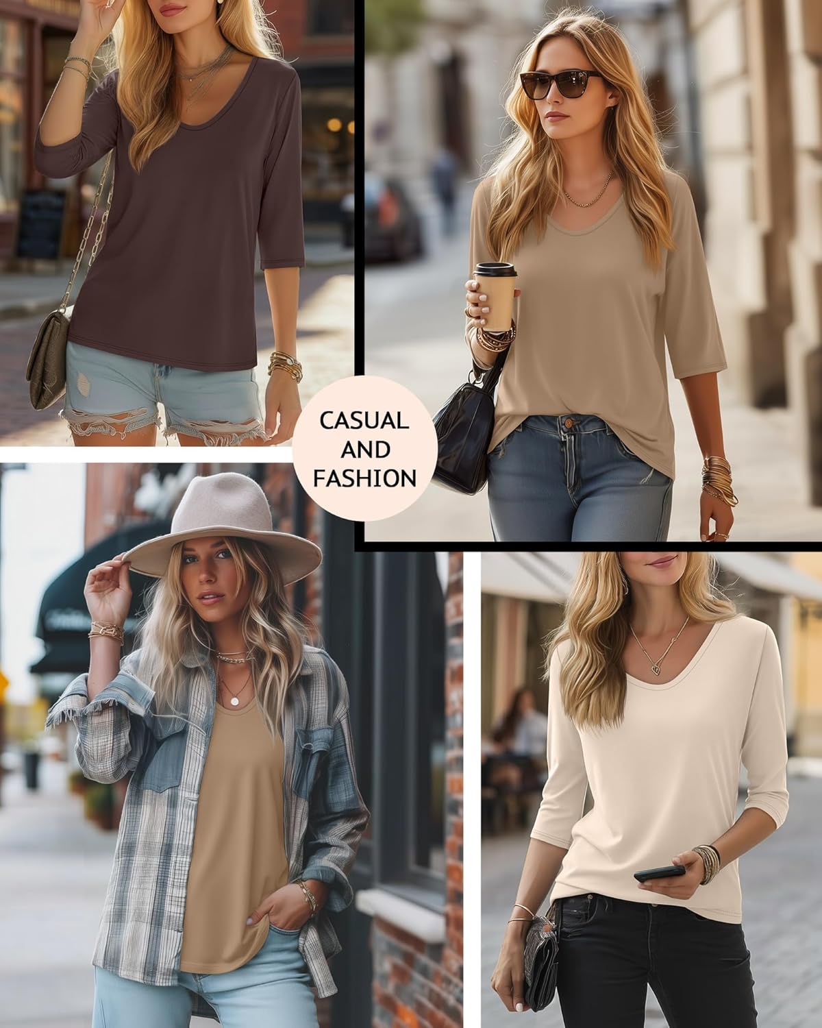 Huukeay 3 Pack Women's 3/4 Sleeve T-Shirts, V Neck Casual Tops Loose Fit Tunic Basic Tees 3/4 Length Sleeve Soft Blouses - Image 3