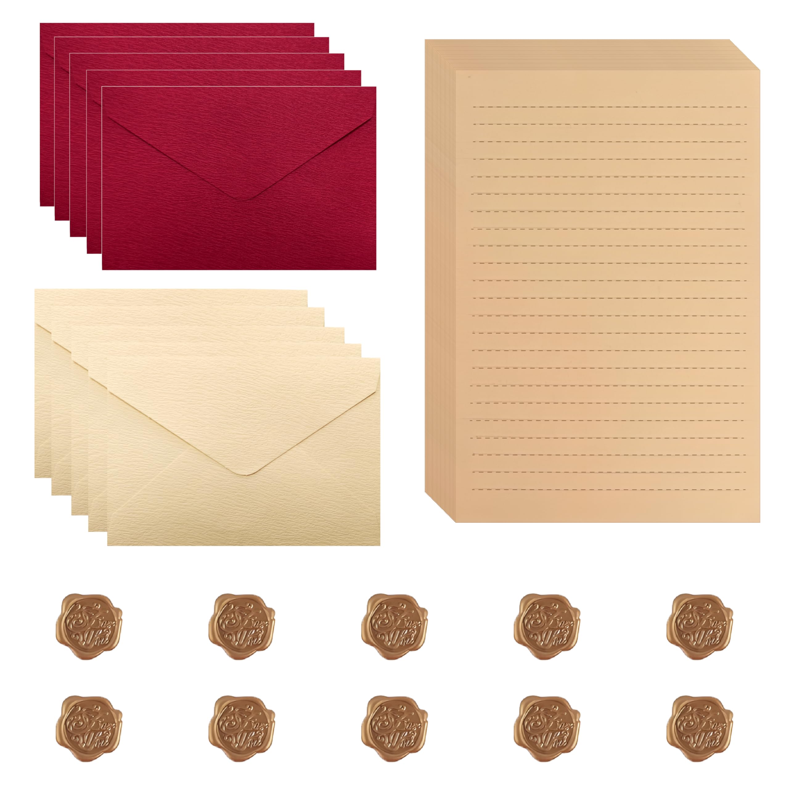 Ensemble Papier à Lettre Vintage, 5 Enveloppes Beiges, 5 Rouges, 30 Feuilles, 10 Autocollants Cire