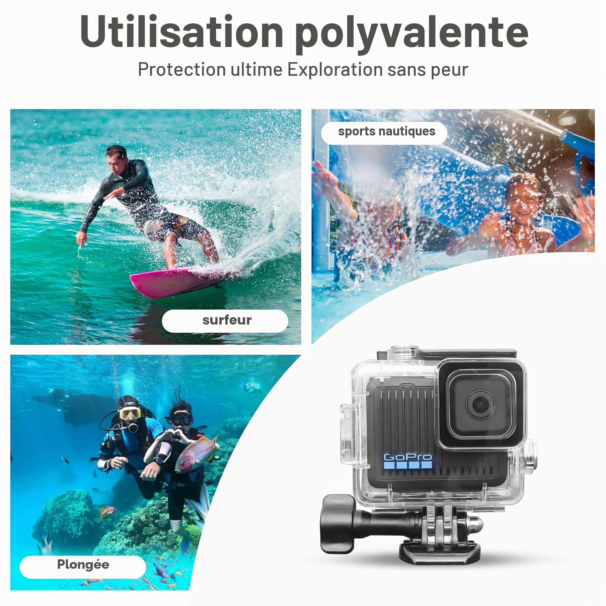 OKFUN Étui de protection étanche pour Go Pro Hero 4K, 60 m, boîtier durable pour plongée avec tuba, surf et sports extrêmes Hero4K 2024 Accessoires de caméra d'action