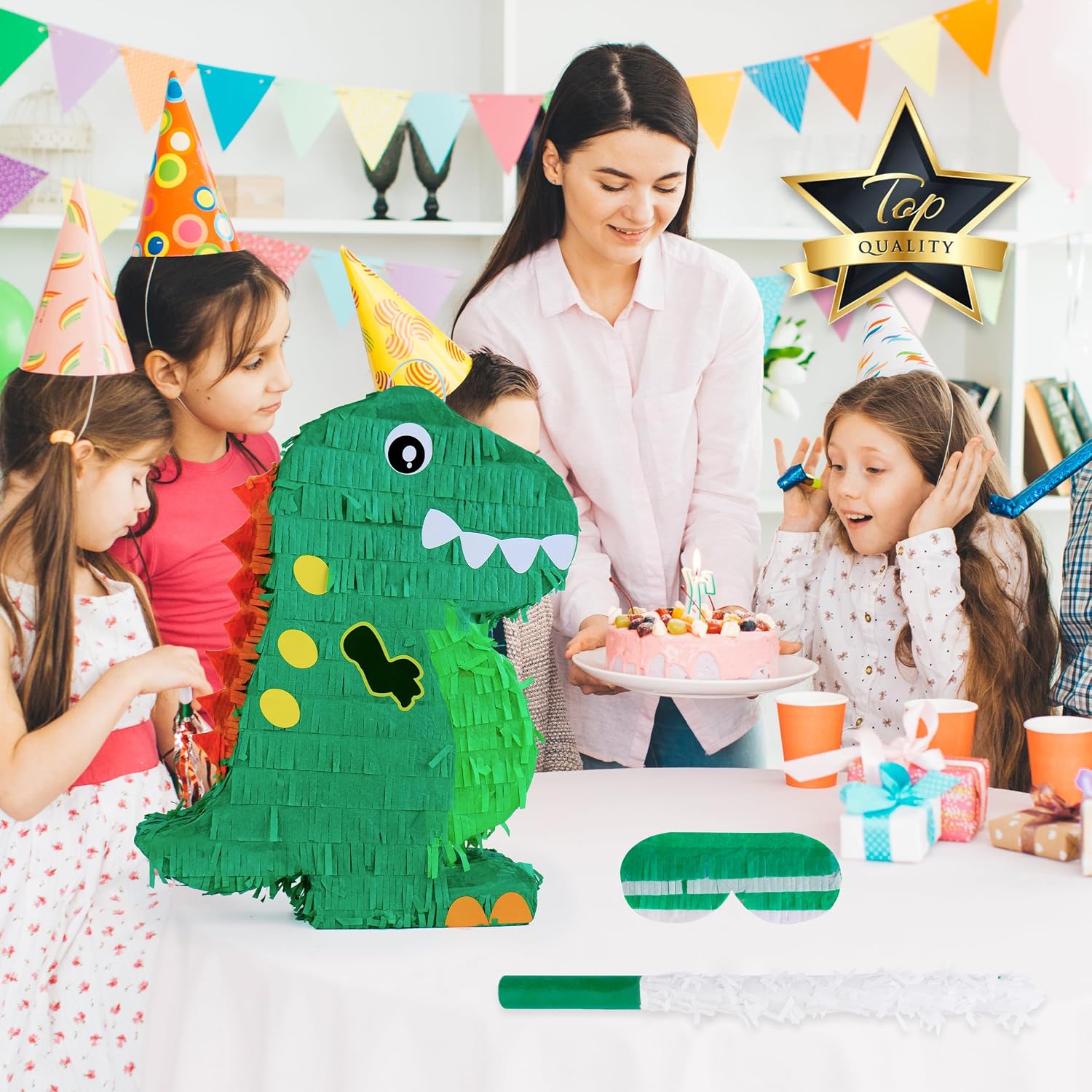 Dinosaur Pinata Bundle with a Blindfold and Bat (17x13x4 Inches), Perfect for Birthday Parties, Animal Theme Parties, Decorations