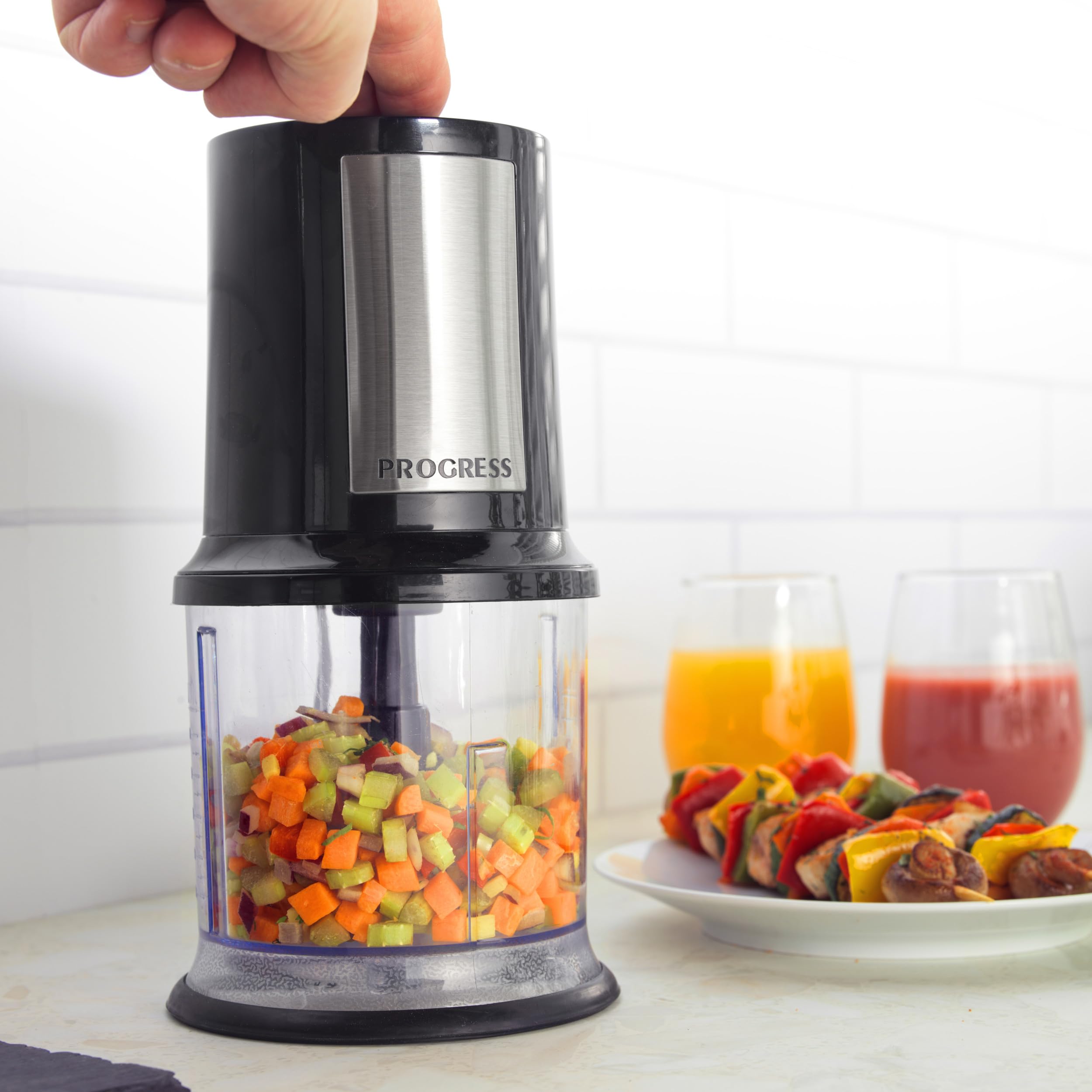 Progress EK5879P Tritatutto elettrico – Robot da cucina compatto, ciotola per tritare da 500 ml, tritaverdure multifunzione, doppia lama staccabile in acciaio inossidabile, funzionamento one-touch