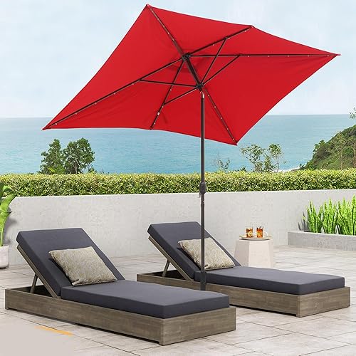 Miniatura 10 de Sombrilla rectangular de 10 x 6 pies 5 pies con luz LED, sombrilla para exteriores, sombrilla de mesa de mercado con botón de inclinación y manivela