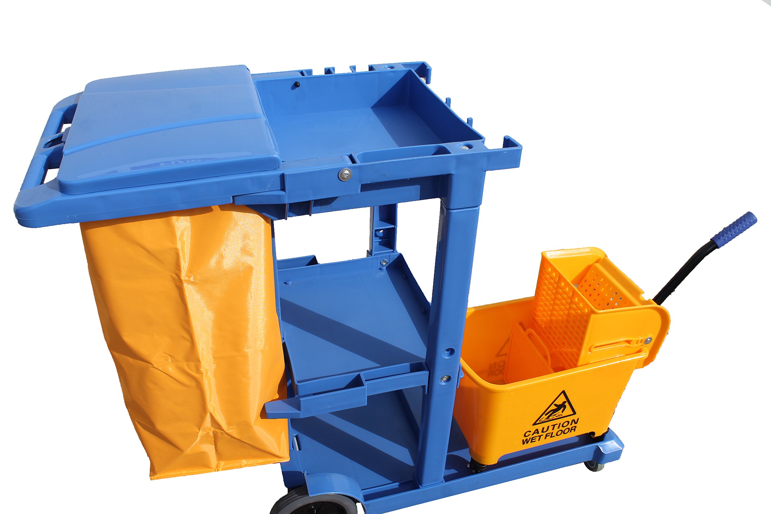 Carro de Limpieza Profesional Plástico con Tres bandejas, Saco de Vinilo de 100 Lt. con tapadera y Cubo escurrefácil Profesional 25 Lt. Medidas 120x52x96 cm. (L x F x A)