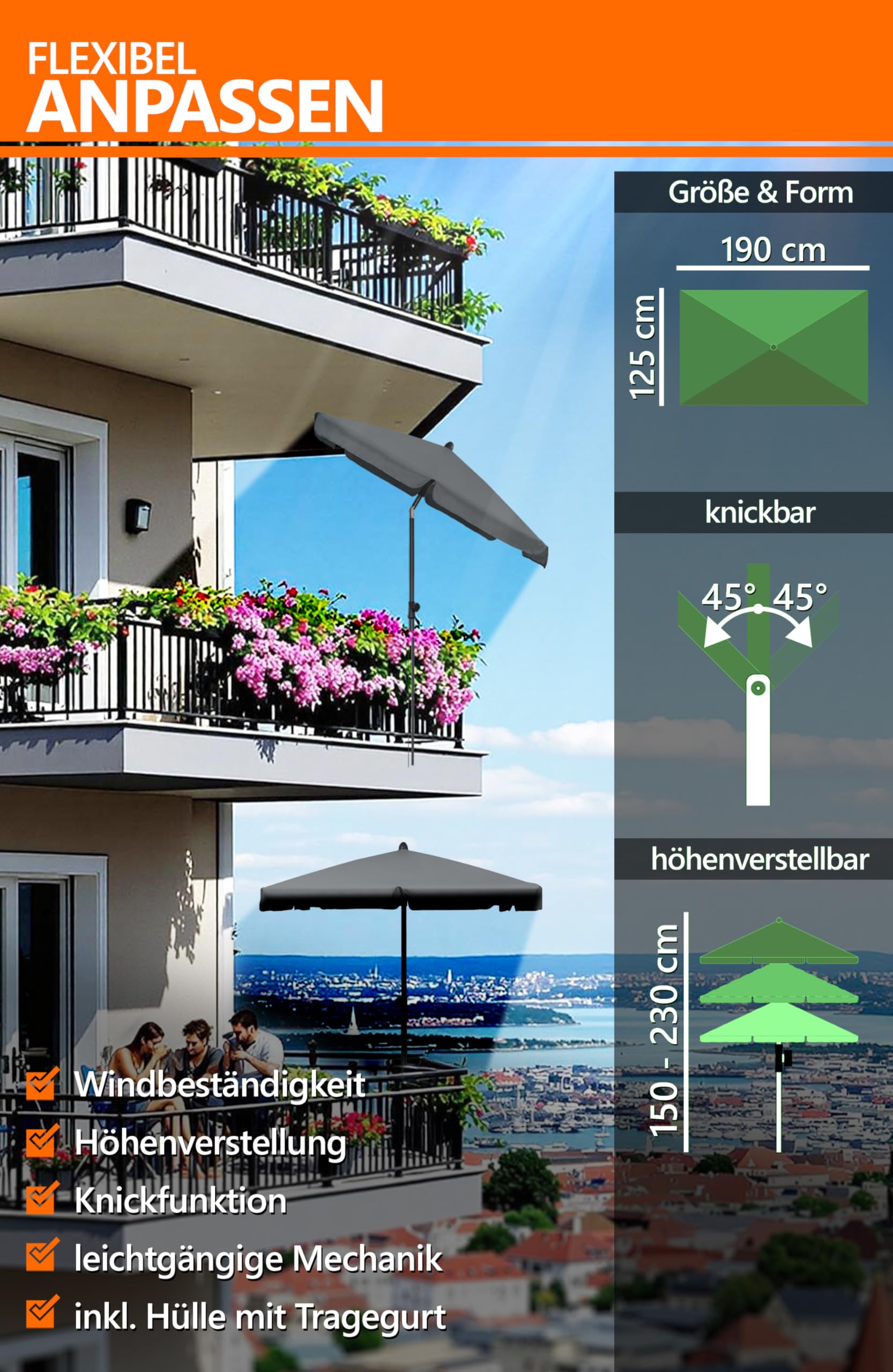 4smile Sonnenschirm rechteckig 200x125cm + Sonnenschirmständer + Schirmhülle - Sonnenschutz Balkon Set 3-teilig, Sonnenschirm Balkon mit Ständer - Balkonschirm knickbar höhenverstellbar