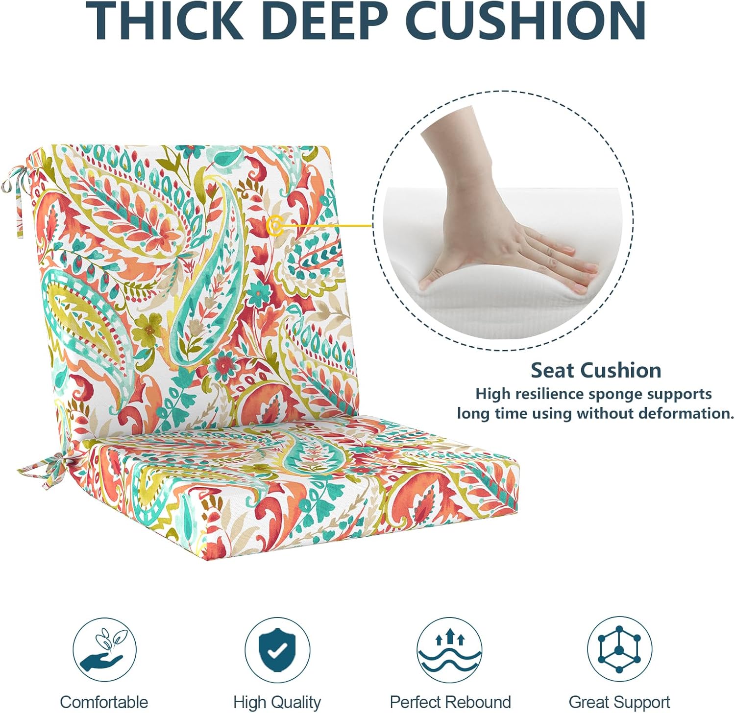 Outdoor Midback Chair Cushions Set of 2-20"x17" Water Repellent & Fade-Resistant Patio Seat Cushions with High-Resiliency Foam, Non-Slip Ties for Dining, Balcony Furniture-Pretty Paisley