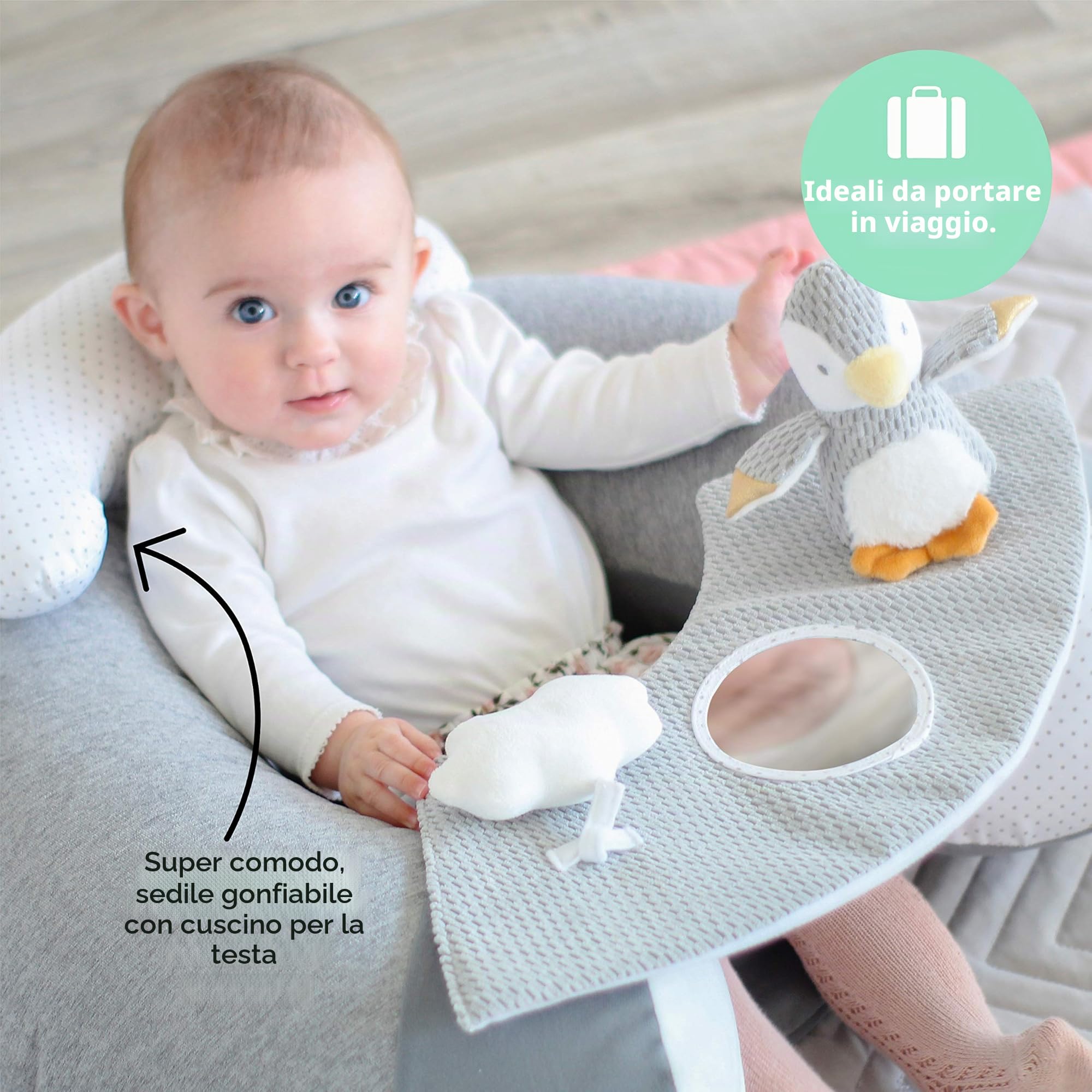 Nuby - Little Penguin Seggiolino educativo Sit-me-Up - Seggiolino gonfiabile con giocattoli e vassoio - Morbido tessuto - Grigio - 6+ mesi