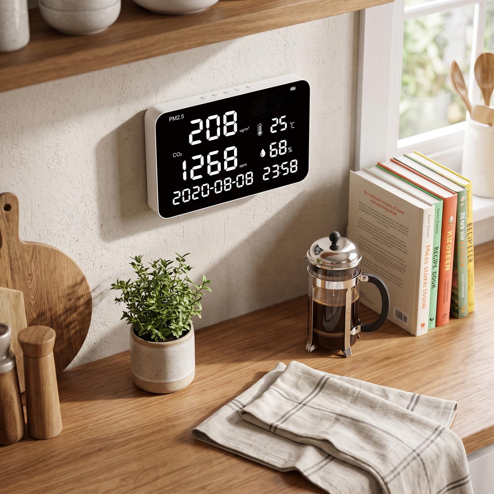 Luocute Monitor Jakości Powietrza Wewnętrznego z Dużym Wyświetlaczem, Montowany na ścianie, 7-calowy | Detektor CO2 Monitor PM2.5 z czujnikiem NDIR, miernik temperatury i wilgotności do domu, sypialni, biura
