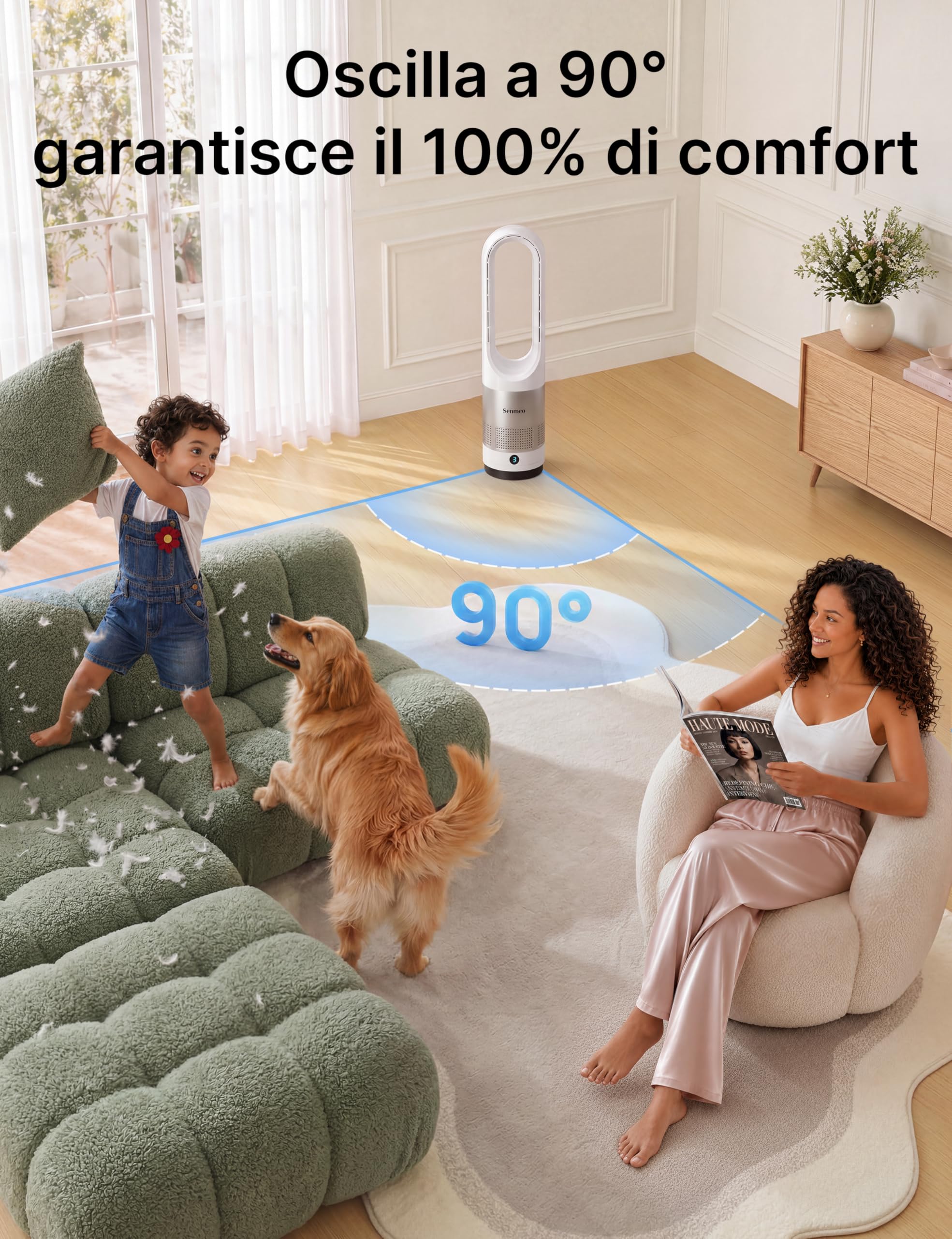 Ventilatore a Torre Senza Pale, 55 cm Ventilatore a Colonna con Telecomando, Oscillazione 90°, 8 Velocità, Timer 9 Ore, Display LED, Ventilatore Silenzioso per Camera da Letto, Soggiorno